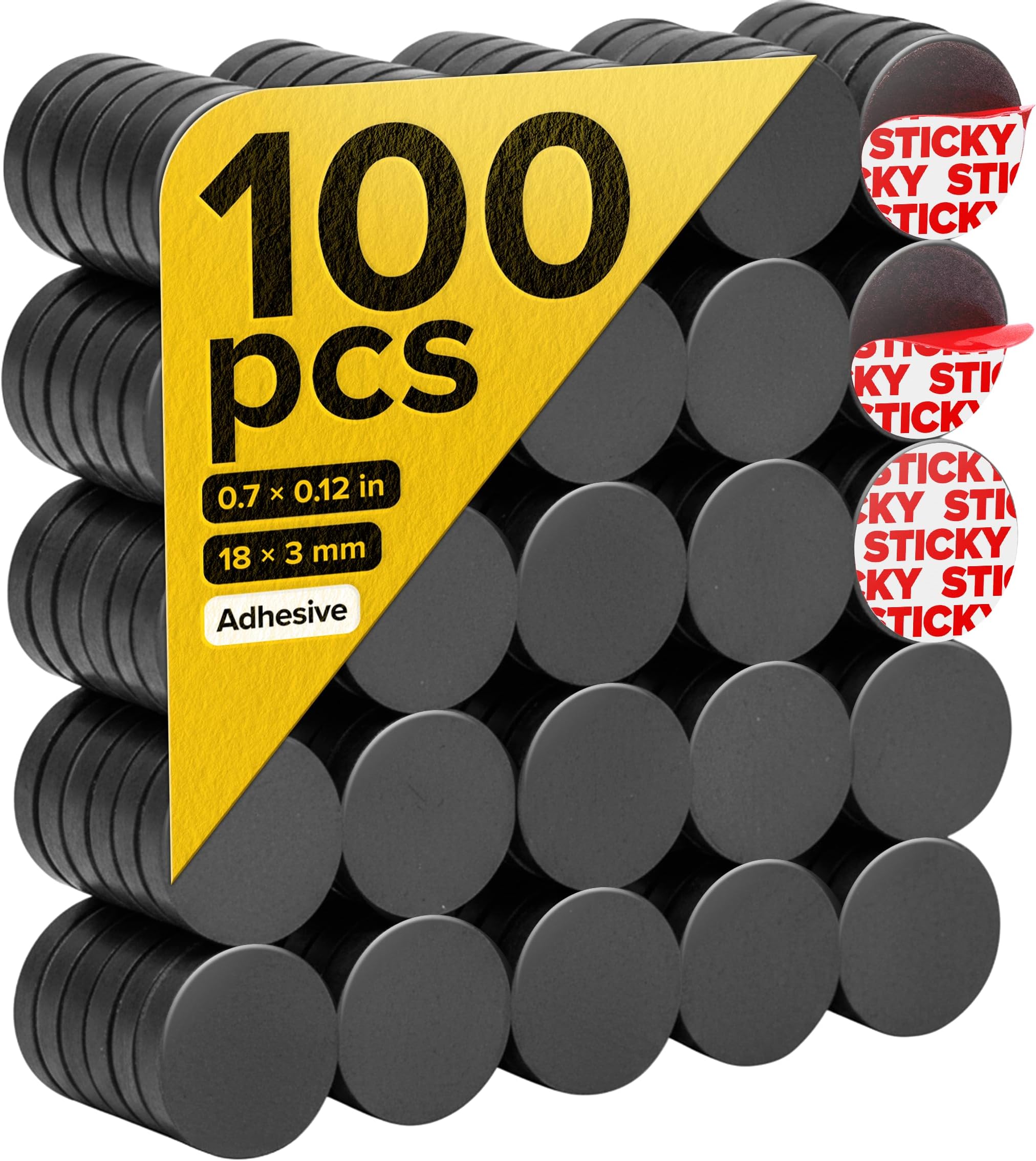 Strong Ceramic Round Magnets With Adhesive Backing (0.7x0.12"/18x3mm, 100 pcs) - Heavy Duty Sticky Magnets, Non-Corrosive, Versatile For Home, Office, Workshop, Whiteboard, Fridge And Hobby Use