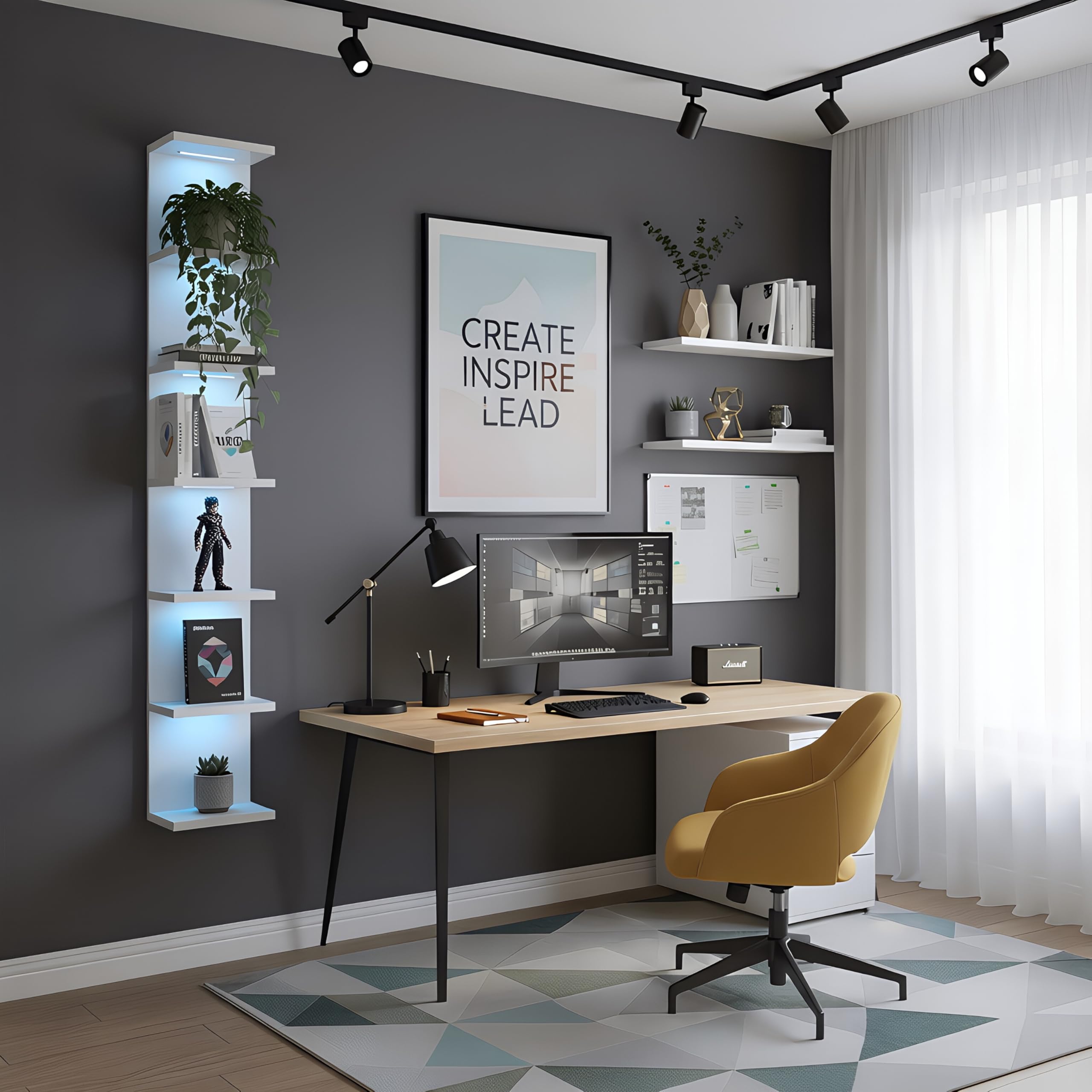 VIWODS Scaffale da parete a 7 livelli con luci RGB, mensola sospesa per riporre oggetti a parete, espositore verticale da parete per camera da letto soggiorno vanità, bianco