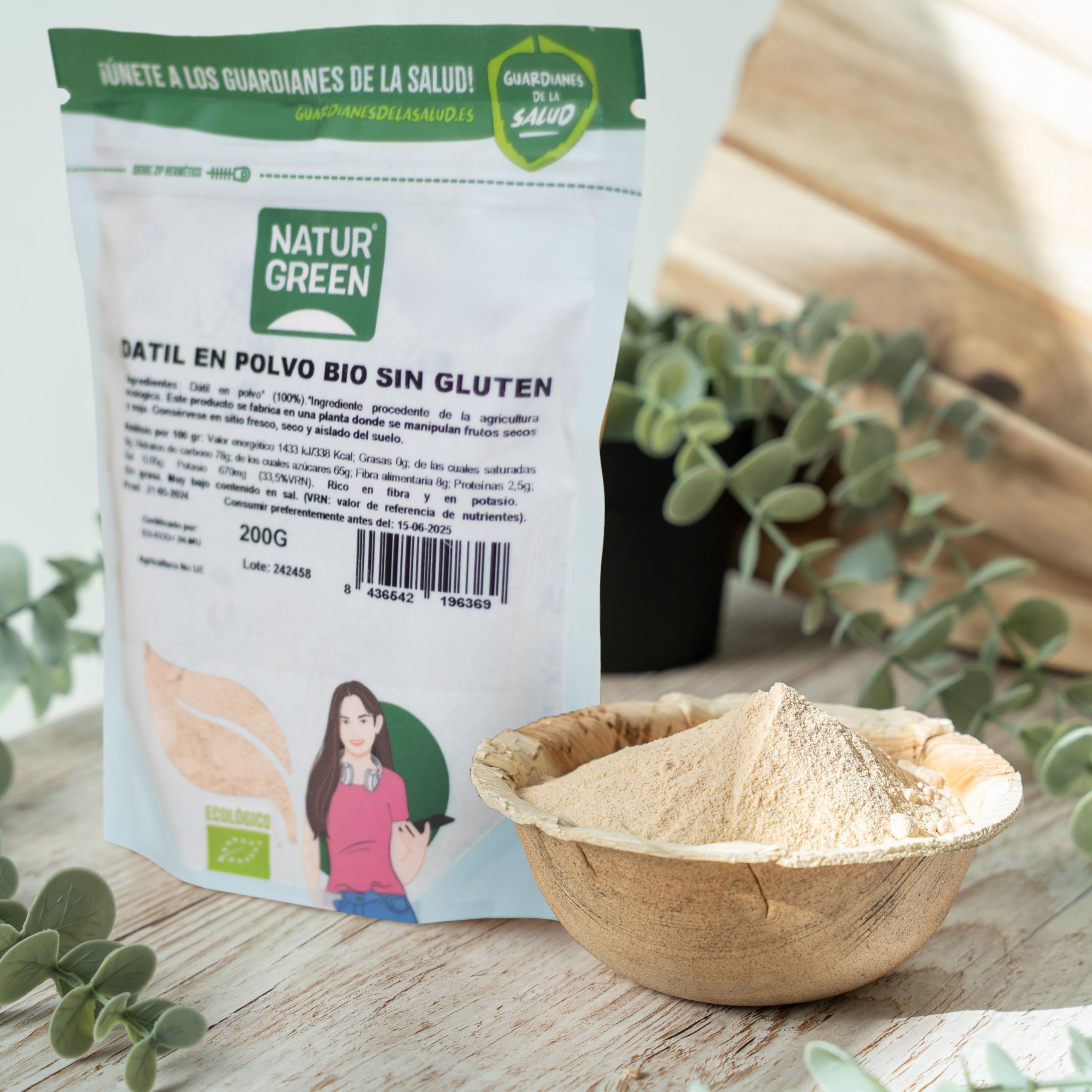 NaturGreen - Harina de Dátiles Bio, Pack 9 x 200 g, 100% Natural, Fuente de Proteínas y Fibra, Sin Gluten, Ideal para Repostería y Mezclas Keto