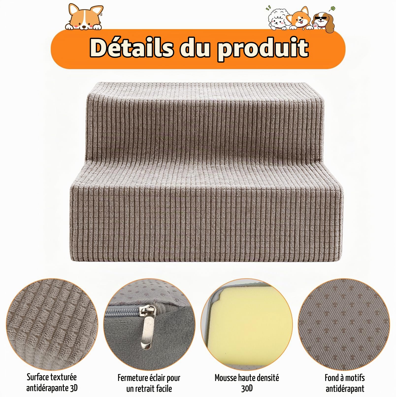 4 rampe d'escalier pour chien | Assistance d'escalier antidérapante pour chien remplie d'éponge élastique, rampes amovibles pour petits chiens âgés