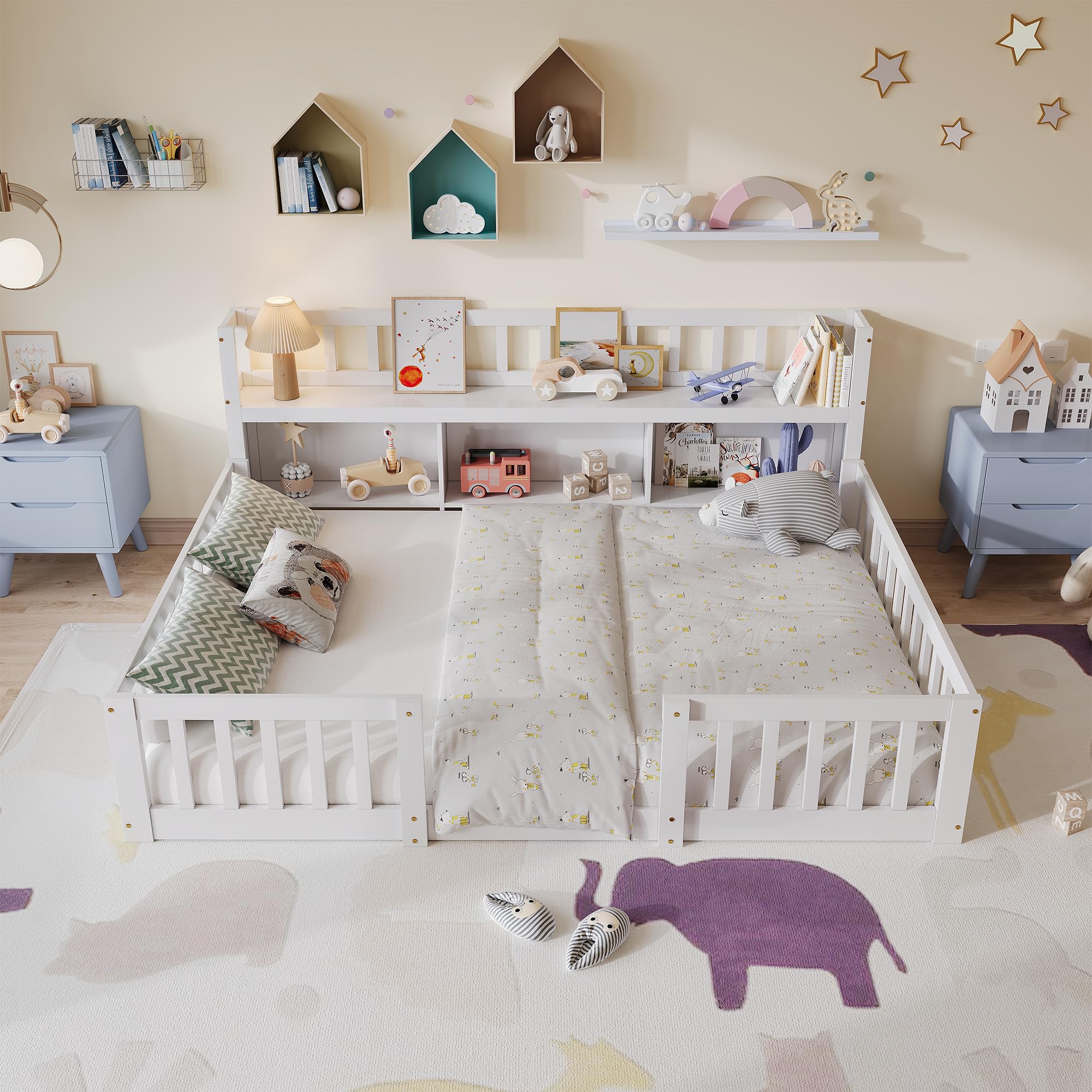 DADEA Montessori - Lettino da pavimento, 140 x 200 cm, con protezione anticaduta e rete a doghe, letto singolo per bambini e ragazzi, senza materasso