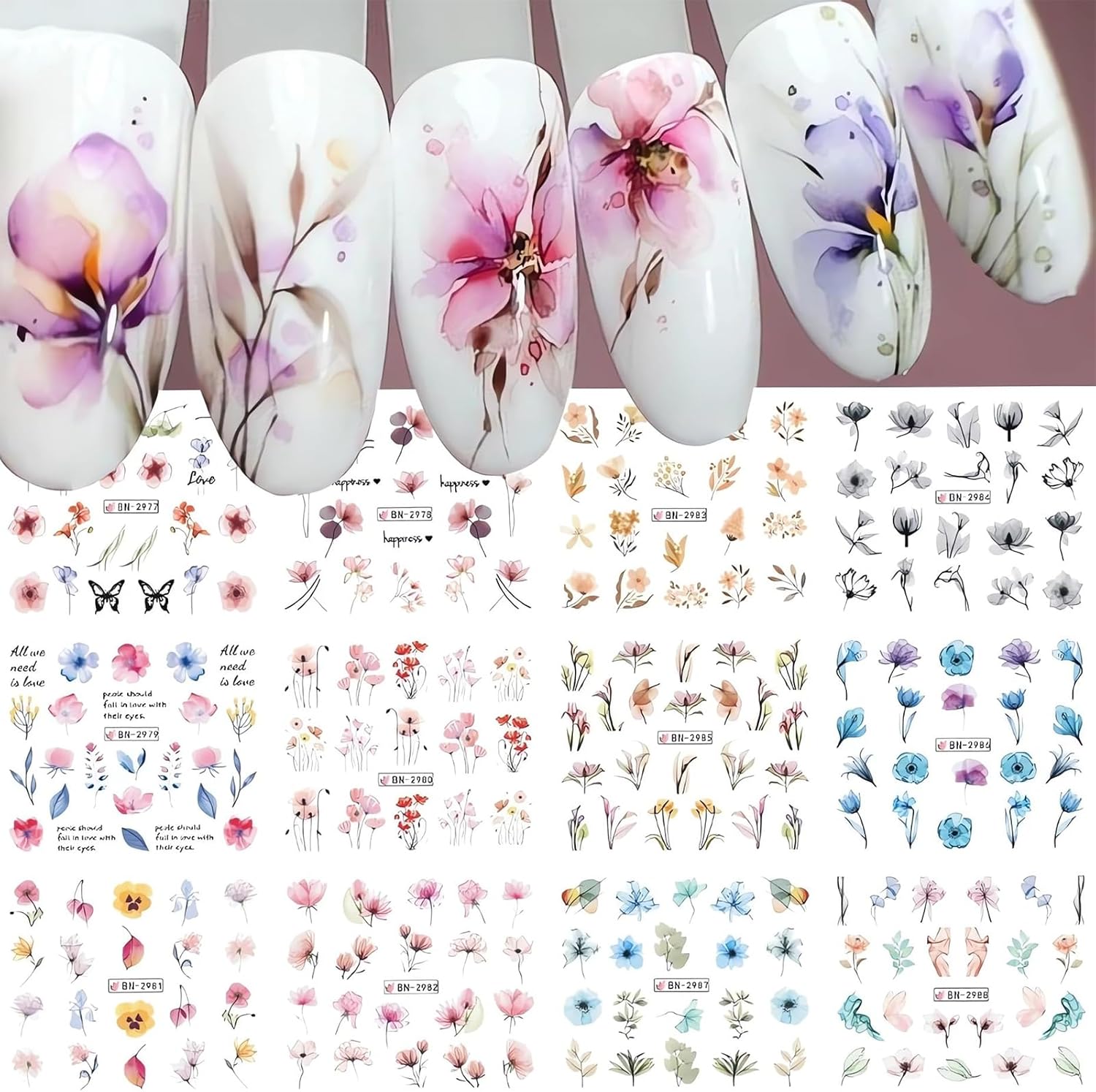 Calkrer 12 vellen nail art stickers, nagelstickers roségoud, zwarte bloem, zelfklevend, voor nagelstickers in de lentelijn met abstracte bladdecoraties.