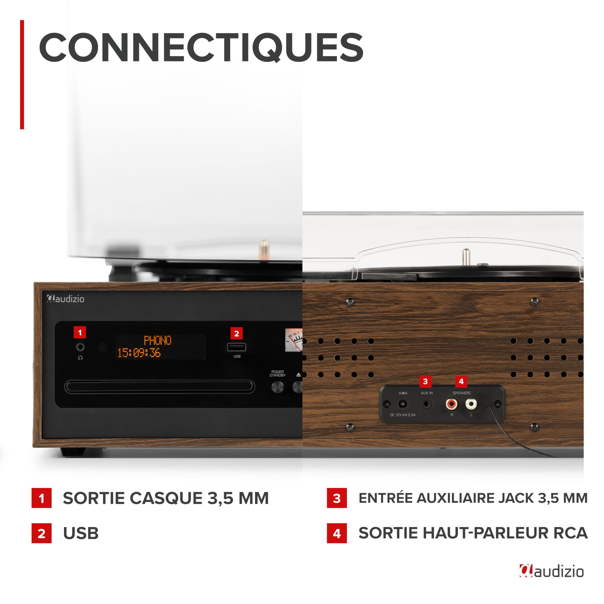 Audizio Boston Platine Vinyle Vintage Stéréo avec Enceintes 50 Watts - Couleur Noyer, BT, Lecteur CD, Radio Dab+, Vu-mètres, Un Tourne-Disque Tout-en-Un pour Les Amateurs de Vinyles