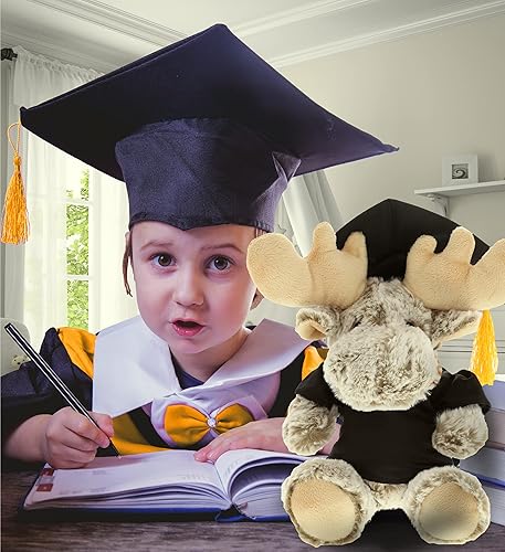 Miniatura 7 de DolliBu Juguete de peluche de graduación de alce sentado, suave vestido de animal de peluche de graduación con vestido y gorra con borlas, bonito