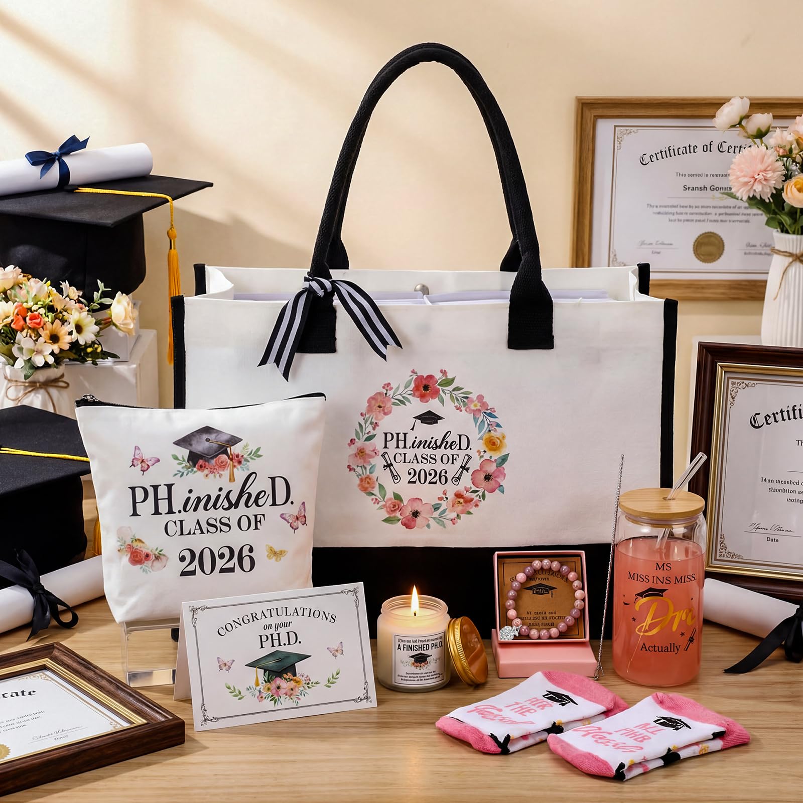 Aliceset 8 Pcs Phd Graduation Gifts for Women It's Dr Actually Gifts for Phd Doctorate Degree Class of 2026 Canvas Tote Bag Tumbler Keychain Makeup Bag Bracelet Greeting Card Scented Candle Socks