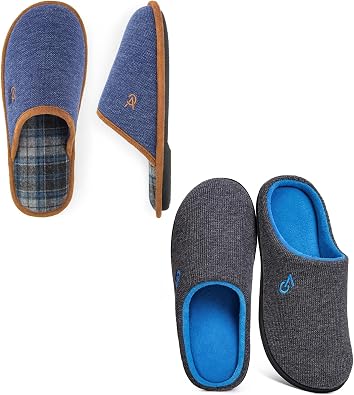 VeraCosy Mens Set of 2 Pairs - Two Tone Memory Foam Slippers Size 10.5, Dark Gray/Blue - Knitted Scottish Slippers Size 9-10, Navy Blue