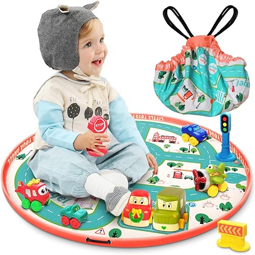 Kimiangel Juego de autos de juguete de goma suave con bolsa de almacenamiento de tapete de juego, vehículos de animales de dibujos animados Push and