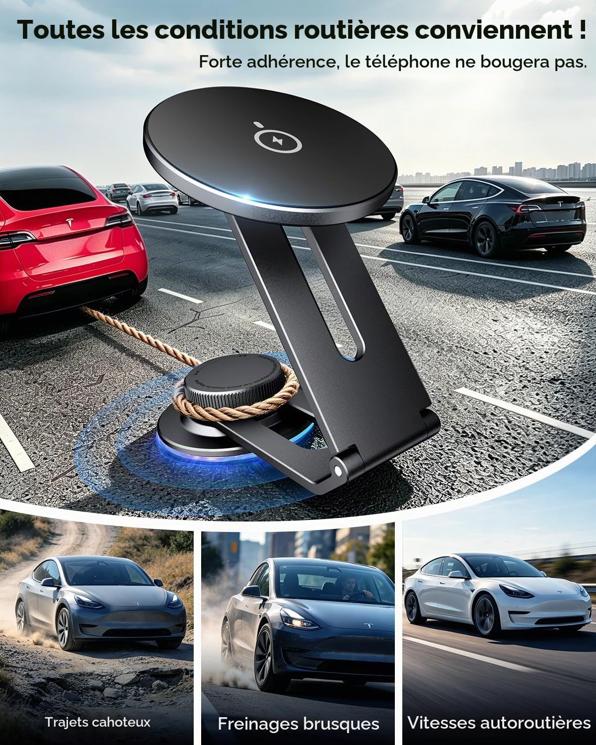 CloudValley Support Magnétique Téléphone Voiture 15W Charge Intégrée, Rotation 360°, Structure Pliable Extensible Dissimulée | Accessoires Compatible Tesla Model 3/Y/Juniper/Cybertruck