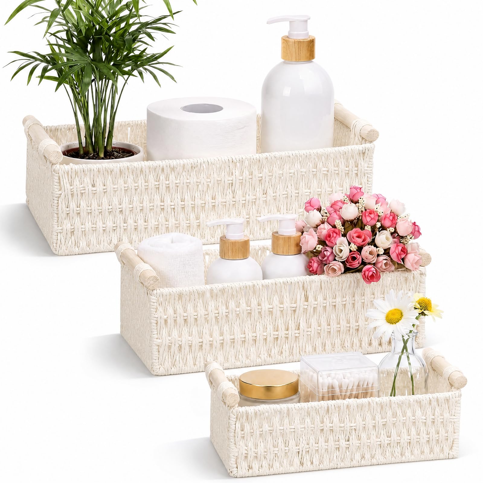 Boao 3 Pcs Boho Storage Wicker Baskets Handmade Woven Decorative Paper Rope Baskets for Organizing with Handle Countertop Toilet Paper Storage Container for Toilet Tank Top (Beige,Rectangle)