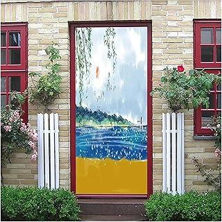 Pegatina Puerta Pegatinas De Puerta Con Pintura De Tinta, Pegatina Mural De Montañas Y Ríos, Papel Tapiz Extraíble Con Paisaje De Sol Rojo (Color : R, Talla : 90x200cm)
