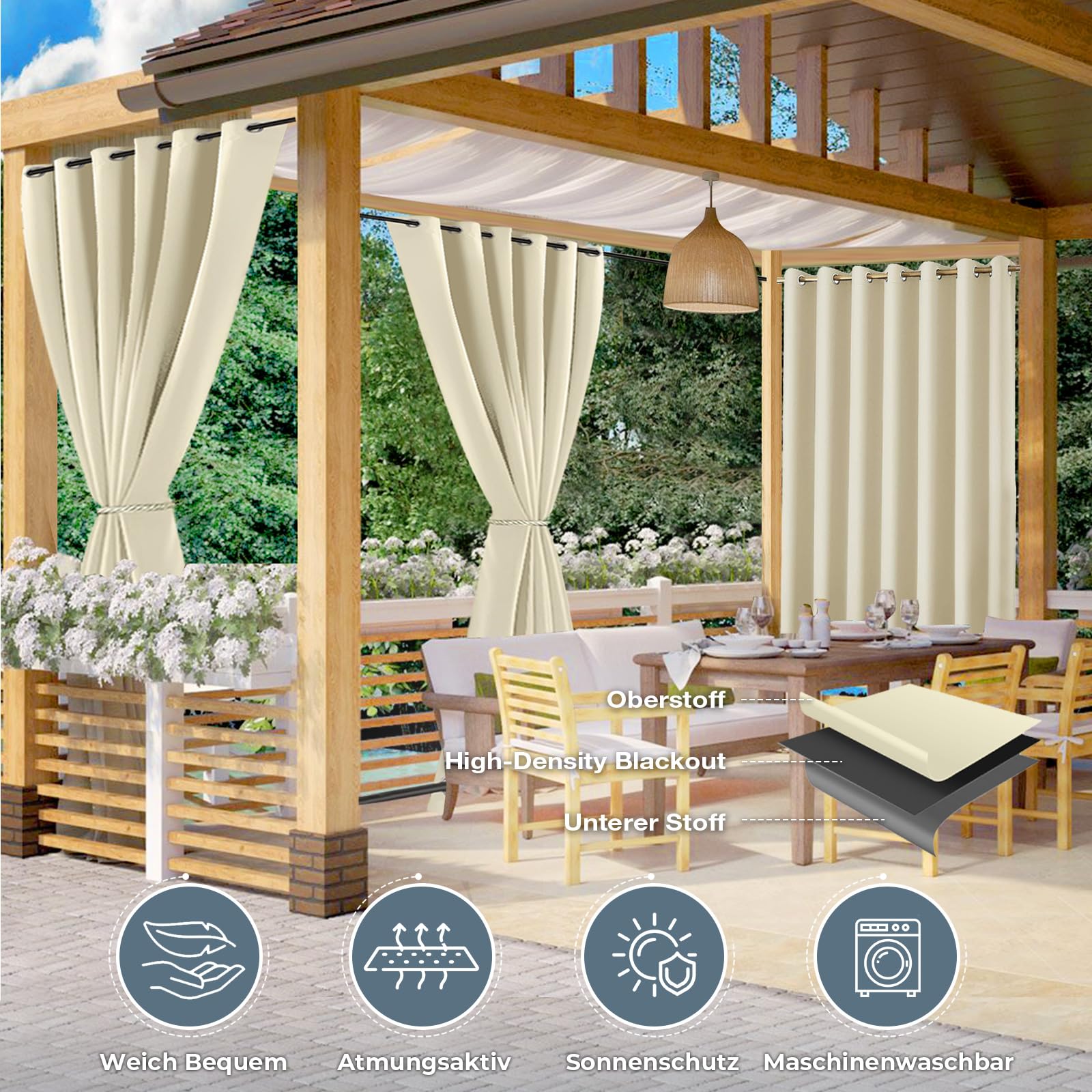 Vorhang Outdoor Wetterfest B254xH274CM, Wasserdicht Outdoorvorhänge mit Ösen, Aussen Gardinen Winddicht Sonnenschutz Sichtschutz für Garten Terrasse Balkon Pergola Pavillon (Beige)
