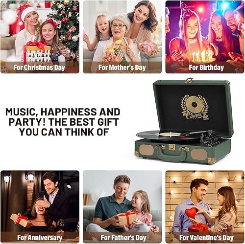 Miniatura 7 de Tocadiscos de vinilo con Bluetooth, maleta de 3 velocidades, portátil, vintage, con altavoces integrados, salida de línea RCA AUX en conector para