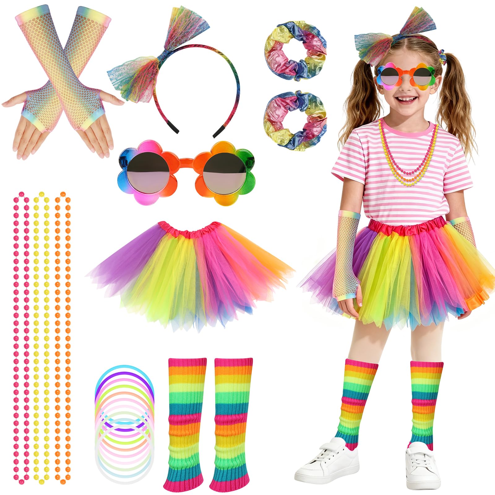 BSBUY 80s Fancy Dress Costume for Kids 20 Pcs 1980s Costume for Girls Neon Costume Fancy Dress Outfit Dress Up with Tutu Skirt Fishnet Gloves Leg Warmers Glasses Bracelets Necklaces Headband(Colorful)