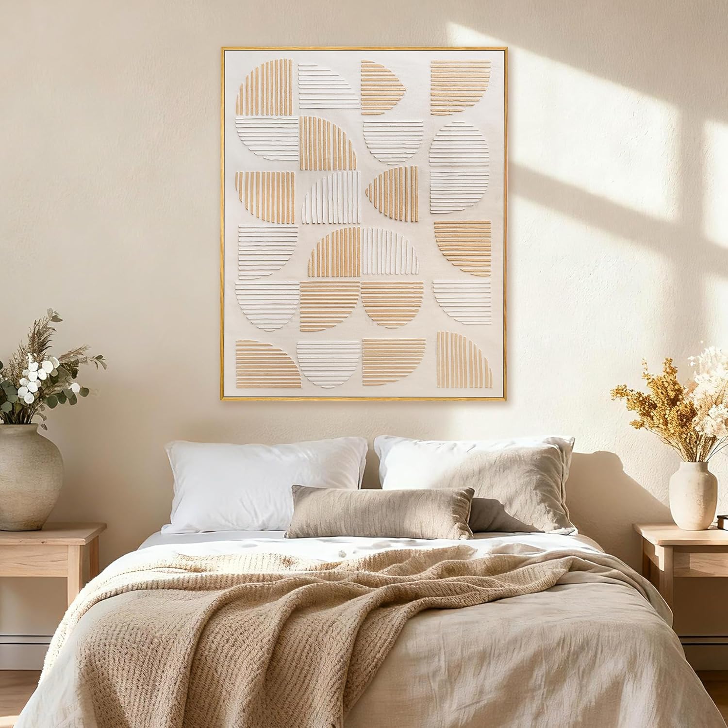 Neutral Beige Half Moon Wall Art, Mid Century Hand Painted Geometric Oil Painting, Framed Textured Line Artwork for Living Room Bedroom Office 32x40 Inch