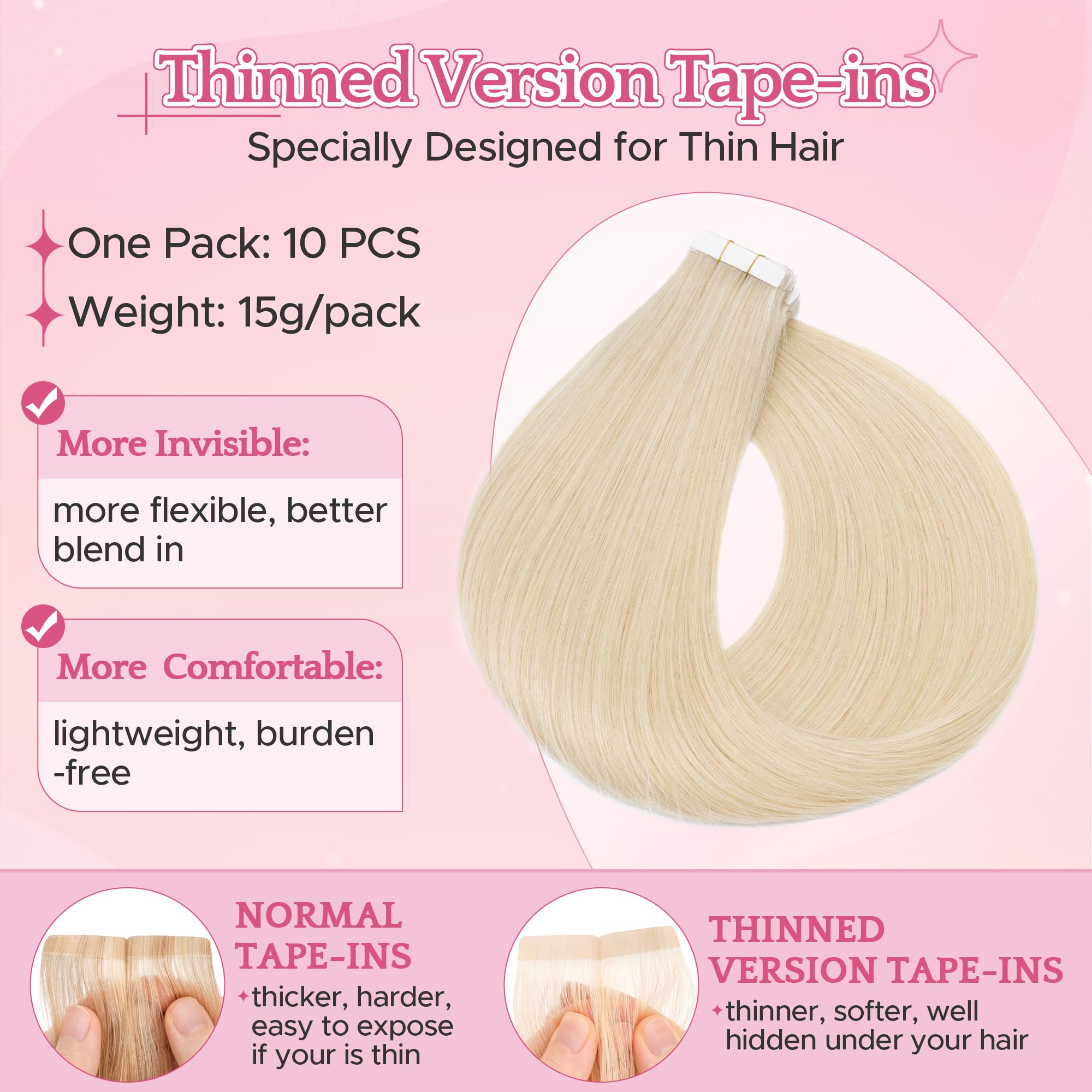 SEGO Pro Tape in Hair Extensions Real Human Hair 14 Inch 10 Pcs 15g Invisible Seamless Straight Tape Extensions for Women #60 Platinum Blonde - Image 2