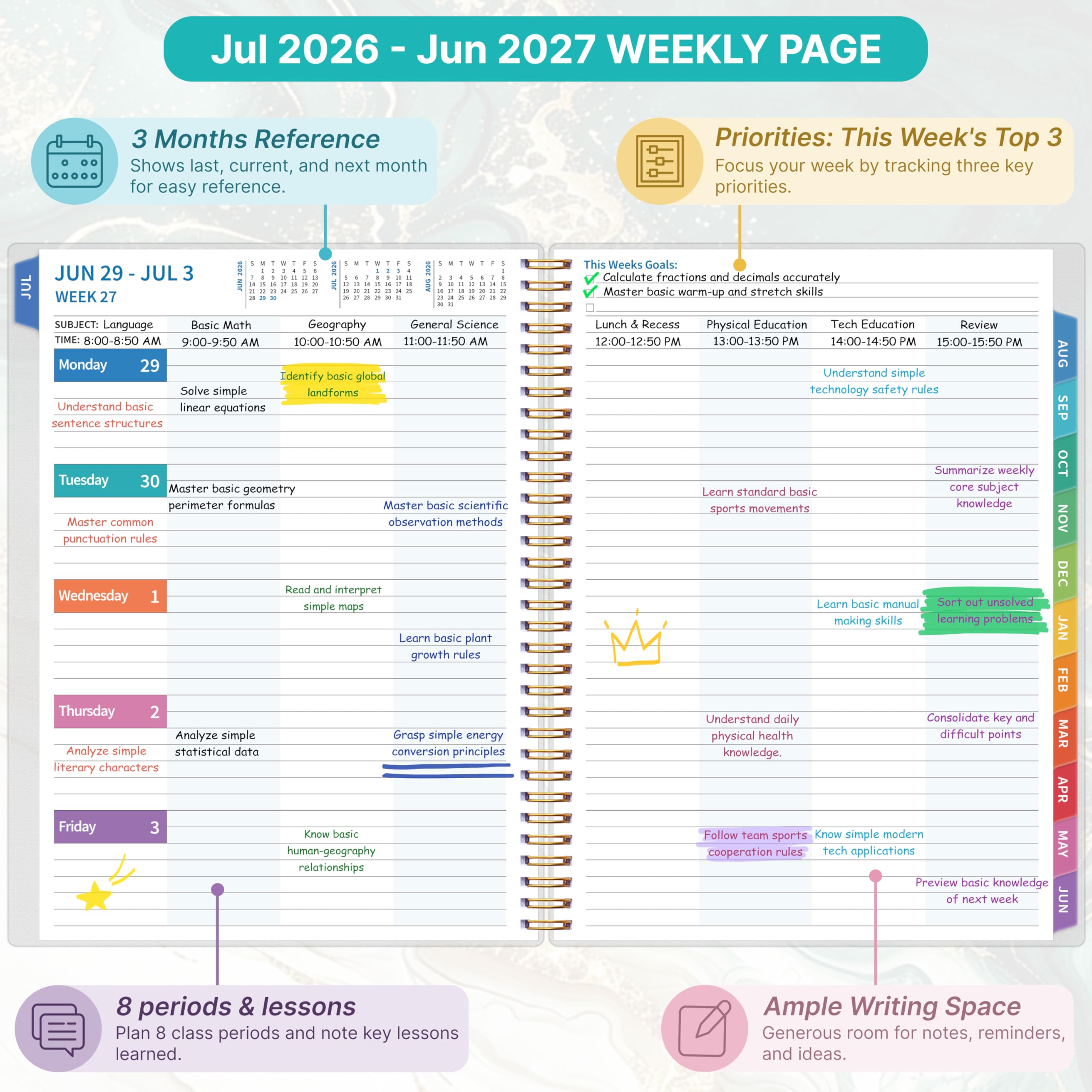 Lehrerplaner 2026–2027, Lehrerplaner für das akademische Jahr, Juli 2026–Juni 2027, Unterrichtsplaner 2026–2027, Homeschool Planbuch, 21,6 x 27,9 cm mit Registerkarten und Tasche, flexibler Einband