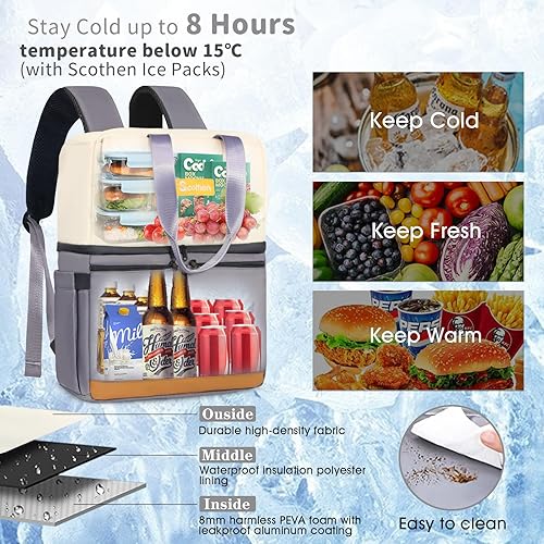 Miniatura 19 de Mochila enfriadora con doble piso y 12 paquetes de hielo, mantiene 36 latas frías hasta 24 horas, mochila térmica aislada impermeable y a prueba