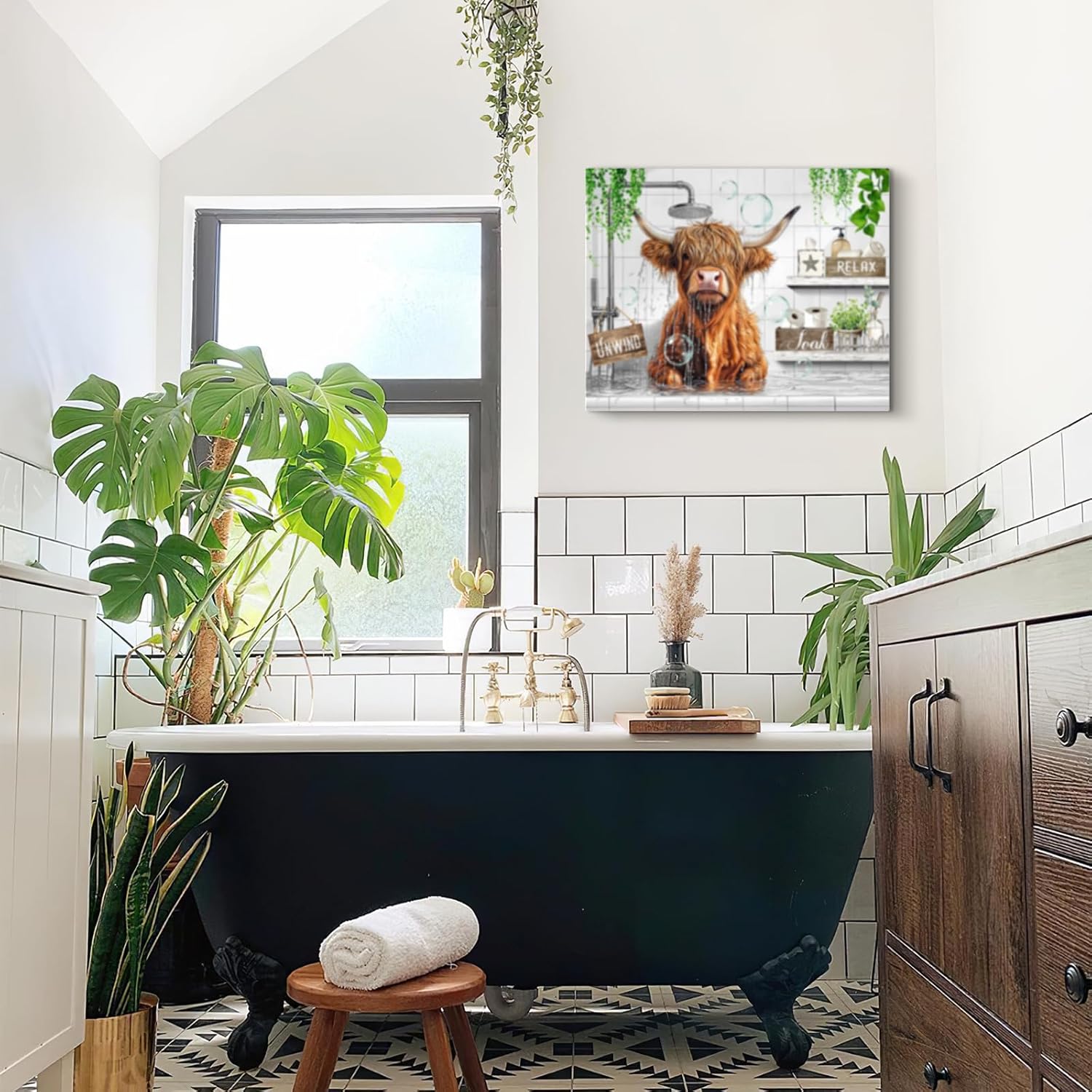 Highland Cow Bathroom Decor Cattle In Shower In Bathtub Picture Canvas Wall Art Farm Cow Quotes Sign Print Painting Pictures For Wall Farmhouse Modern Framed Artwork For Toilet Bathroom Home Decor