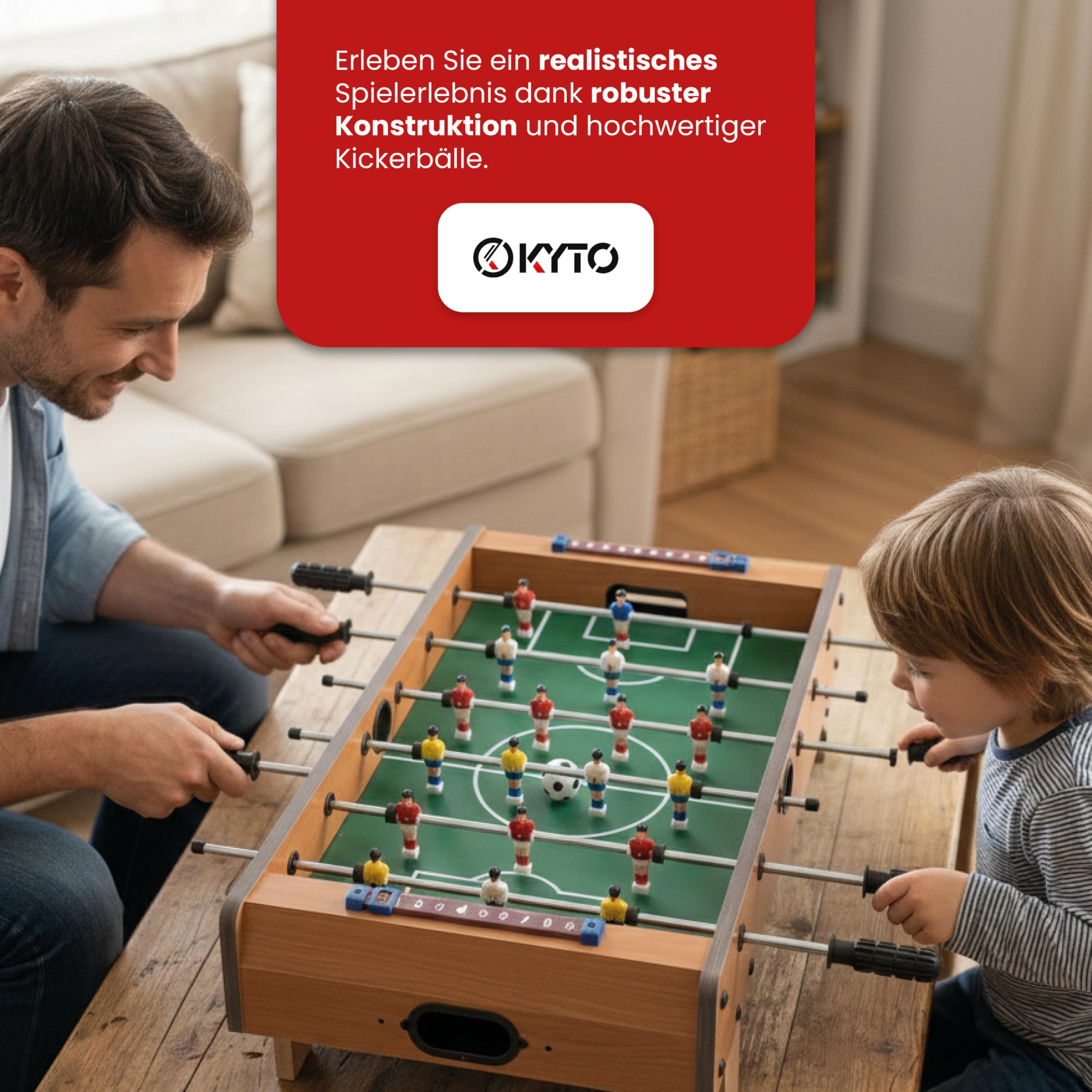 Kyto Kickertisch Kinder und Erwachsene, Tischfussball & Mini Tischkicker, 70x35x20cm oder 51x31x10 cm, aus Holz, Inkl. 2X Kicker Bälle