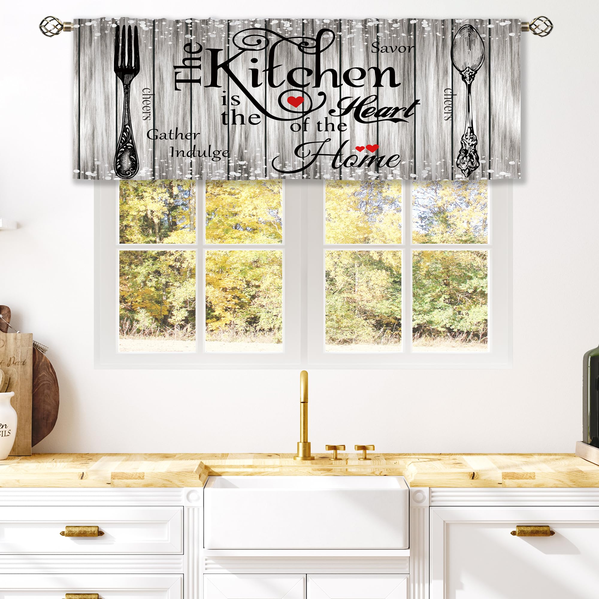 Laifzere Farmhouse Rustic Grey Curtain Valance for Window Treatments Vintage Fork Spoon Retro Rod Pocket Kitchen Treatment Country Wooden Drapes for Bathroom Bedroom Living Room 1 Panel (52x18 Inch)