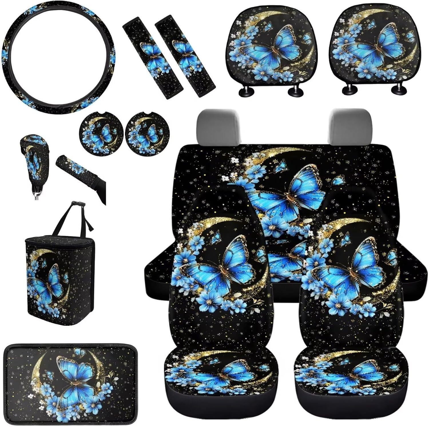 BIGCARJOB Blue Tie Dye Auto Front Rear Seat Covers Full Set for Women Car Interior Sets 15 Pcs Tie Dye Car Seat Cover Set Satefy Seat Belt Pads Car Seat Head Rest Cover