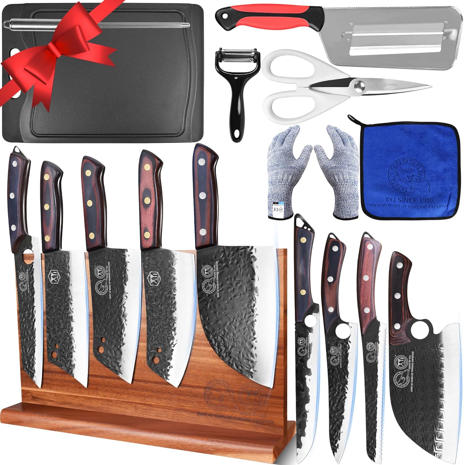 XYJ Authentic Since 1986,Knife Block Set,Full Tang Knives with Magnetic Knife Block,Honing Steel,Scissors,Cutting Board,Gloves, High Carbon Steel,Slicing Bread Cleaver Vegetable Butcher Chef Knives