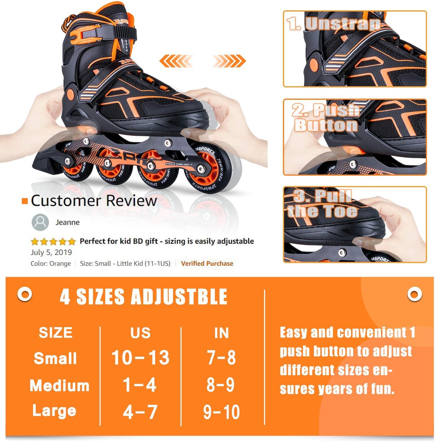 2PM SPORTS Torinx Orange/Red/Green Black Boys Adjustable Inline Skates, Fun Roller Blades for Kids, Beginner Roller Skates for Girls, Men and Ladies : Sports & Outdoors