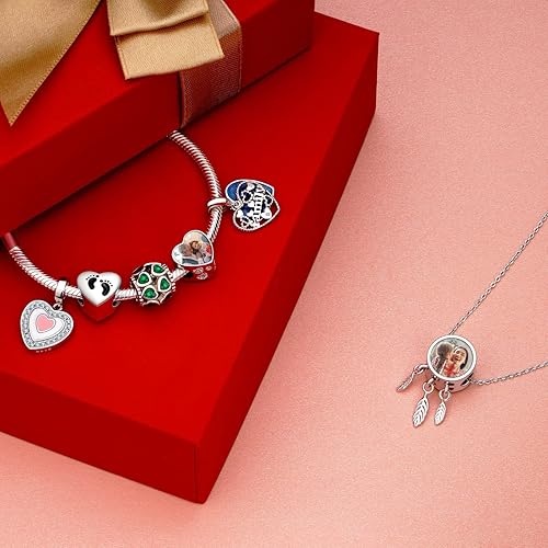 Miniatura 2 de NINGAN Abalorios personalizados con fotos de plata de ley 925 para pulseras, collares, cuentas redondas de corazón grabado personalizado para