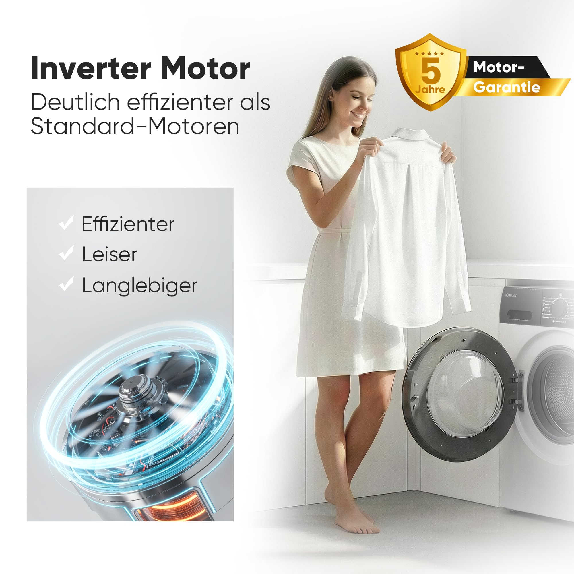 Bomann® Waschmaschine 8kg | 5 Jahre Motor-Garantie | Invertermotor-effizient, leise & langlebig | max. 1400 U/min | 15 Programme | Dampffunktion | LED-Display | Washing Machine | WA 7188 weiß-schwarz