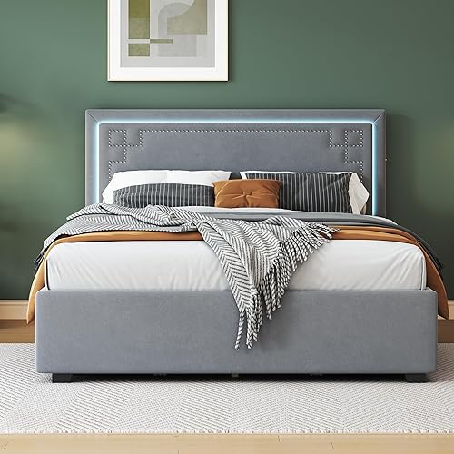 Miniatura 80 de Base de cama flotante tamaño Queen con luces LED y carga USB, marco de cama LED de plataforma tapizada moderna, no necesita somier (blanco-1)