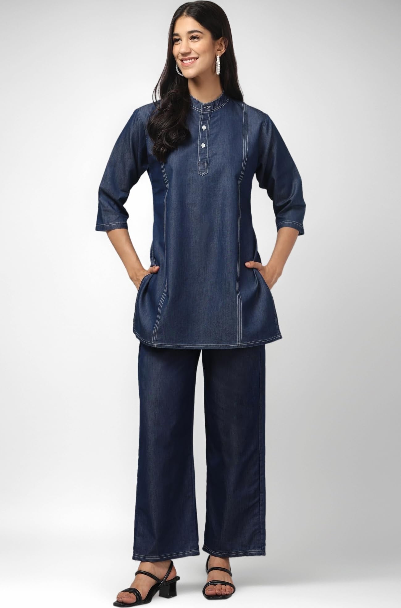 Women’s Denim Kurta Set – Mandarin Collar Straight Kurta with 3/4 Sleeves & Wide Leg Pants | Stylish Co-ord Set for Office, Casual