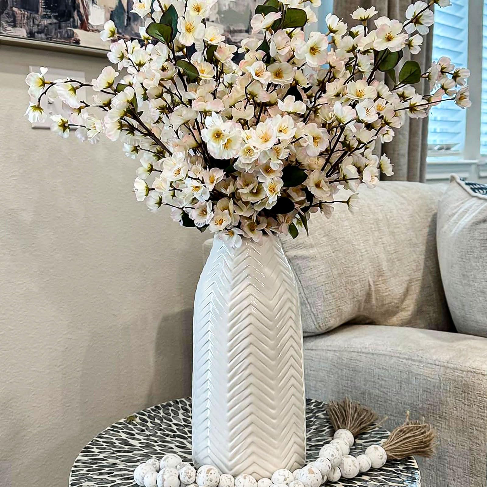 Jarrón blanco para flores, florero de cerámica para decoración, jarrones altos decorativos modernos para tu cocina, oficina, sala de estar, estantería, mantel - textura blanca (mediano) 4