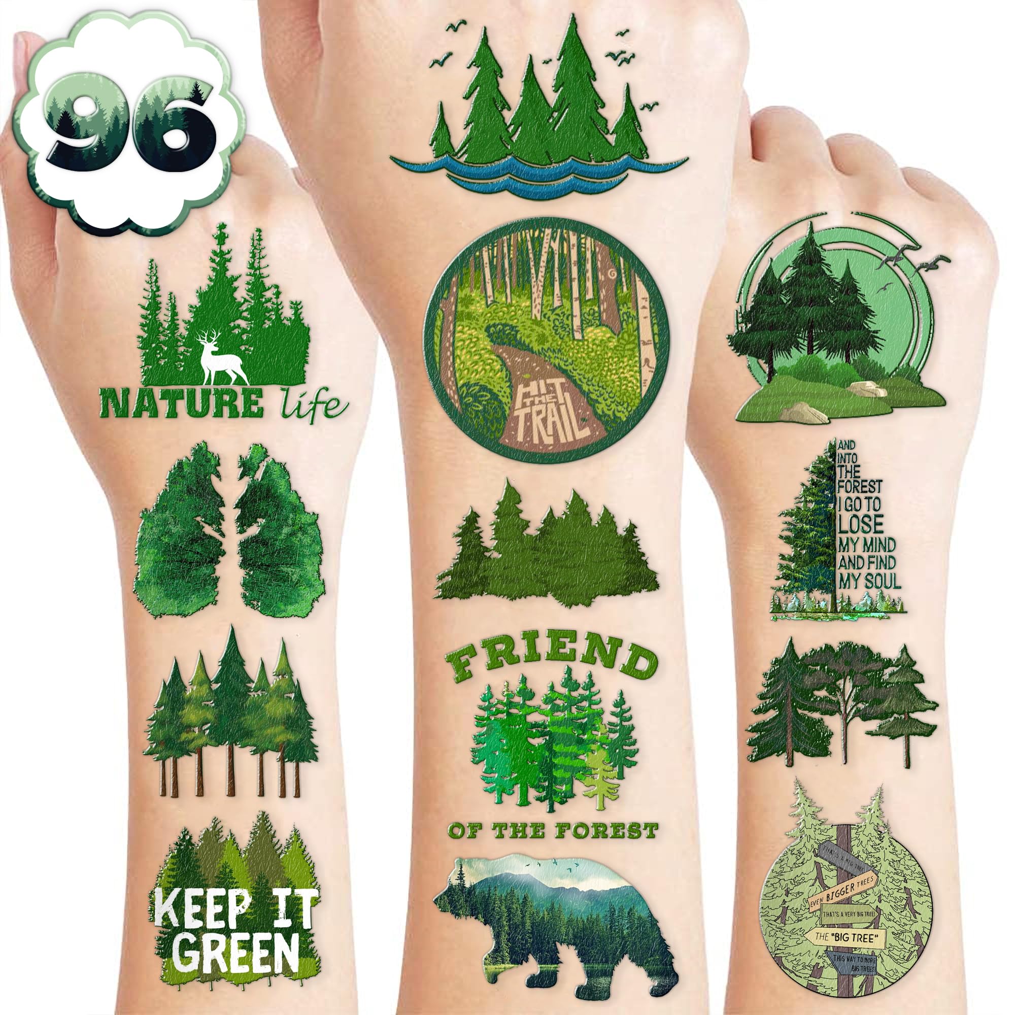 96 PCS Forest Pre-Cut Temporary Tattoos Birthday Party Decorations Favors Supplies Decor Forest Tree Animal Adventure Nature Themed Stickers Gifts For