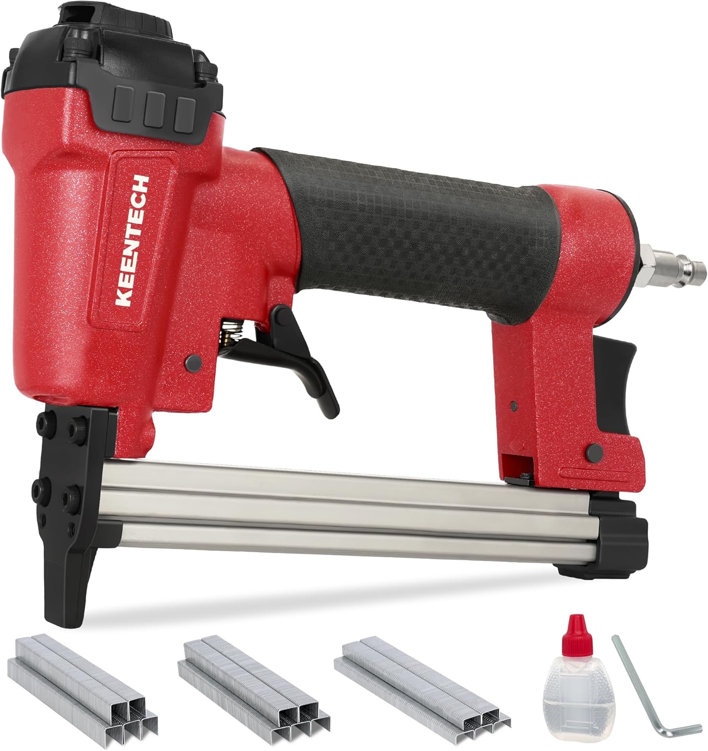 KEENTECH Pneumatic Staple Gun 20 Gauge, T50 Upholstery Staple Gun with 3780pcs 3/8" Crown Staples 1/4"-5/8", Ready-to-Use Air Staple Gun Set with Safety Trigger for Wood, Upholstery, Fabric, Leather