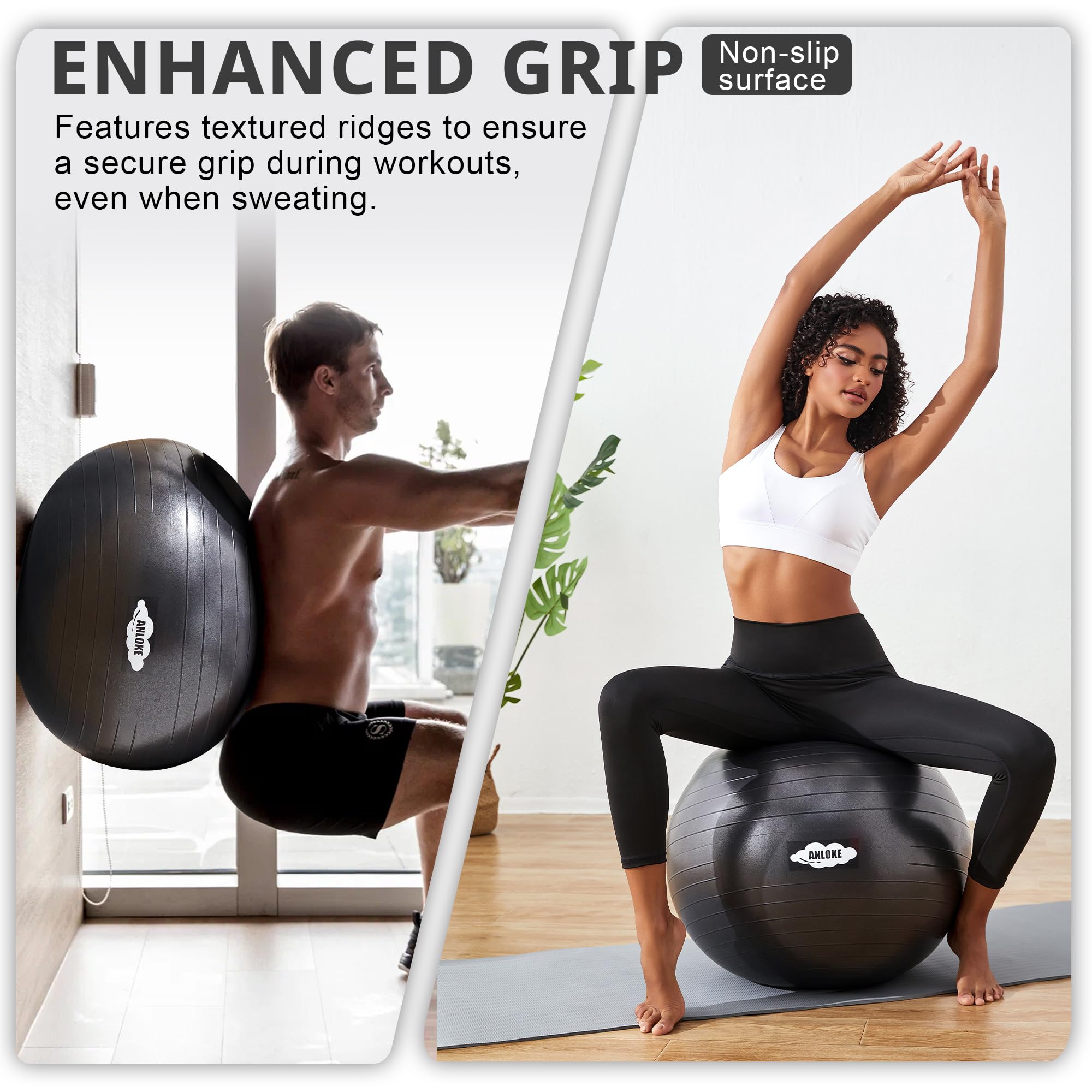 ANLOKE Pelota de yoga para ejercicio y equilibrio, silla de pelota de estabilidad antiestallido, pelota de parto para embarazo, pelota de gimnasio de PVC no tóxico con bomba de pie para pilates