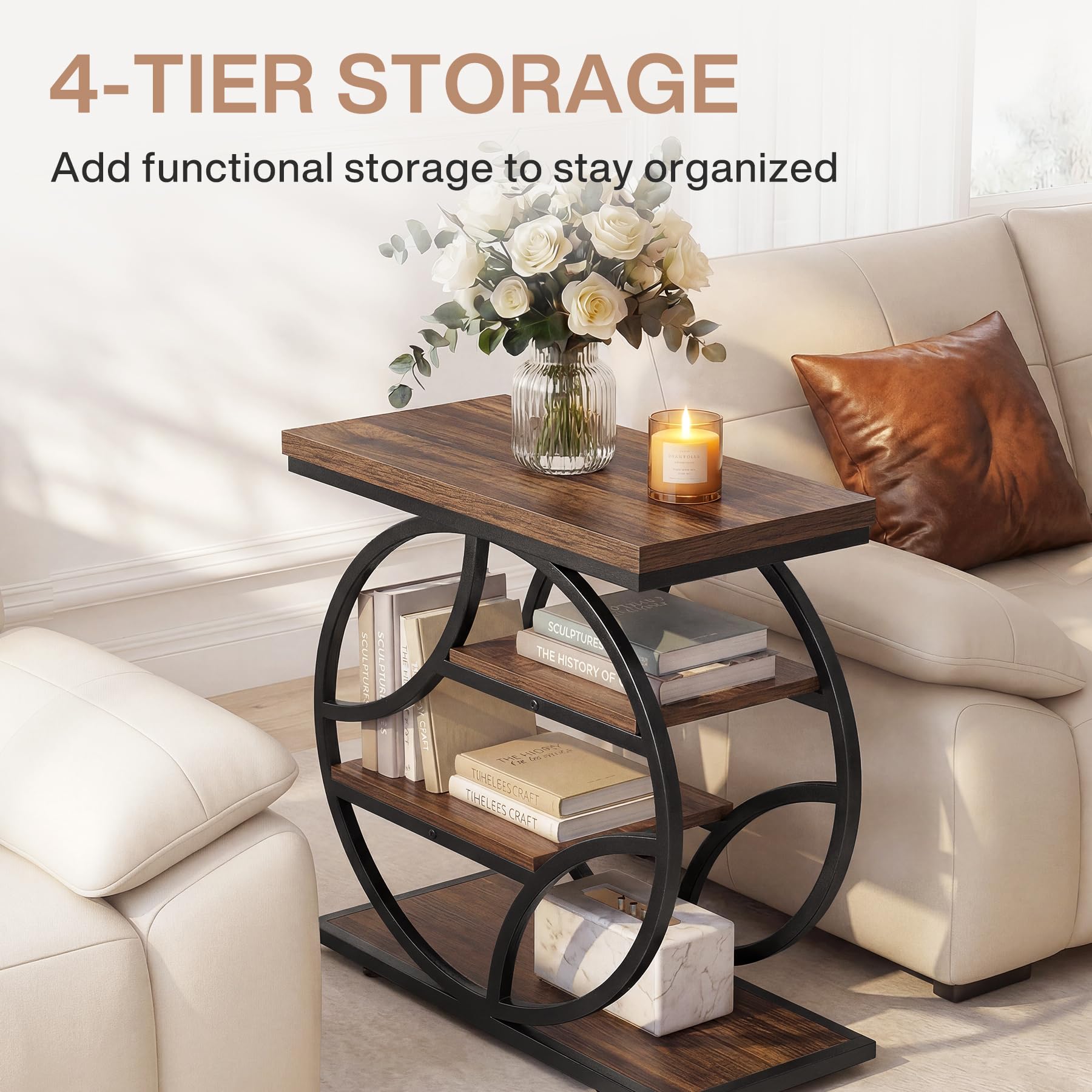 Tribesigns 25-Inch End Table for Living Room, Small Side Table with 4-Tier Storage Shelf, Narrow Industrial Nightstand with Geometric Metal Frame, for Home Bedroom Small Space