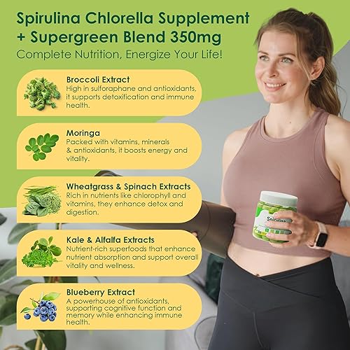 Miniatura 8 de Gomitas orgánicas de Spirulina Chlorella, superalimento rico en proteínas veganas, súper verduras y clorofila + vitamina C y D3, zinc, B12 para