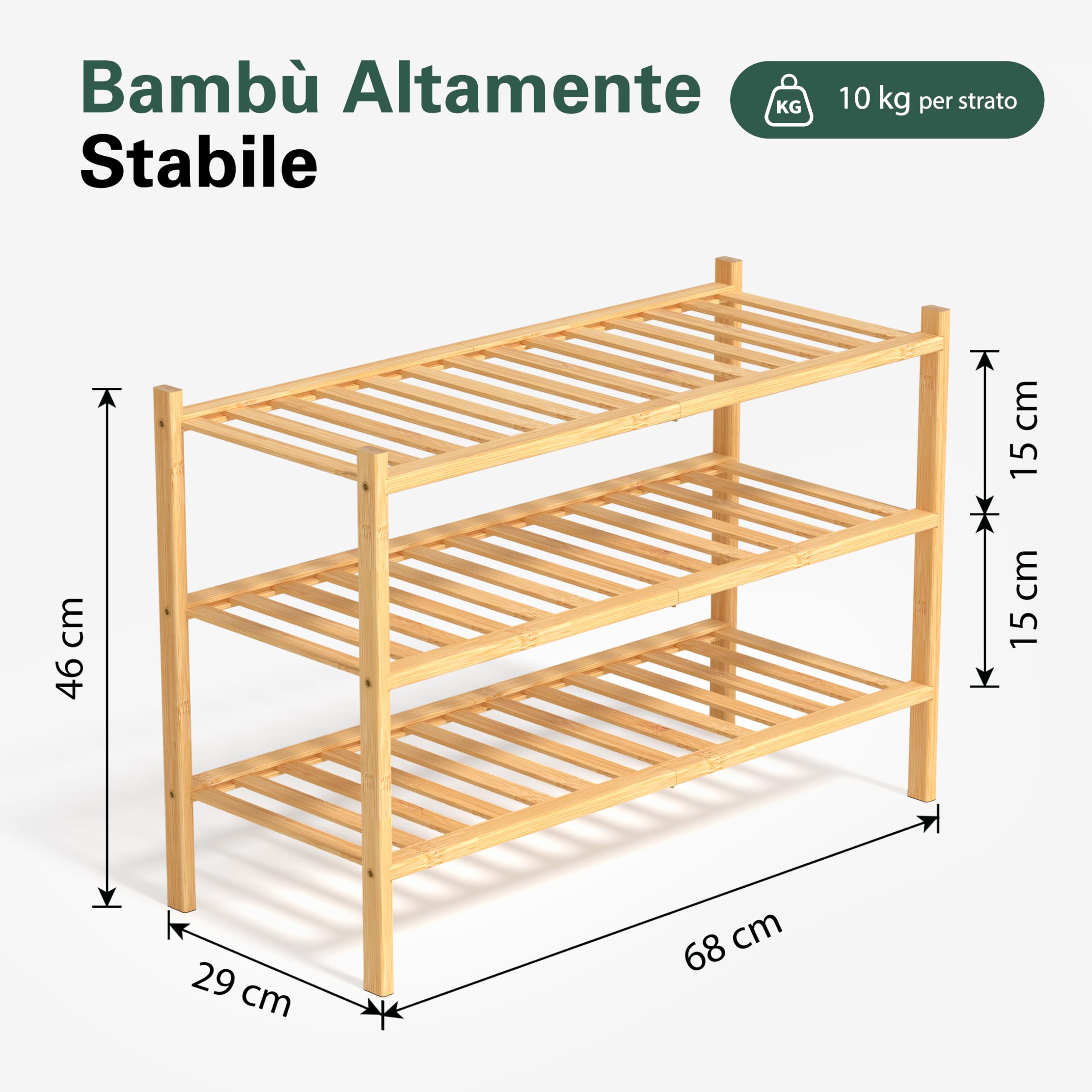 Scarpiera in Legno Bambù 3 Ripiani – Porta Scarpe Salvaspazio Ingresso Slim 68x28x46 cm – Scarpiera Portascarpe Componibile Stretta Verticale – Mobile Scarpiera Piccola Modulare (Bambù)