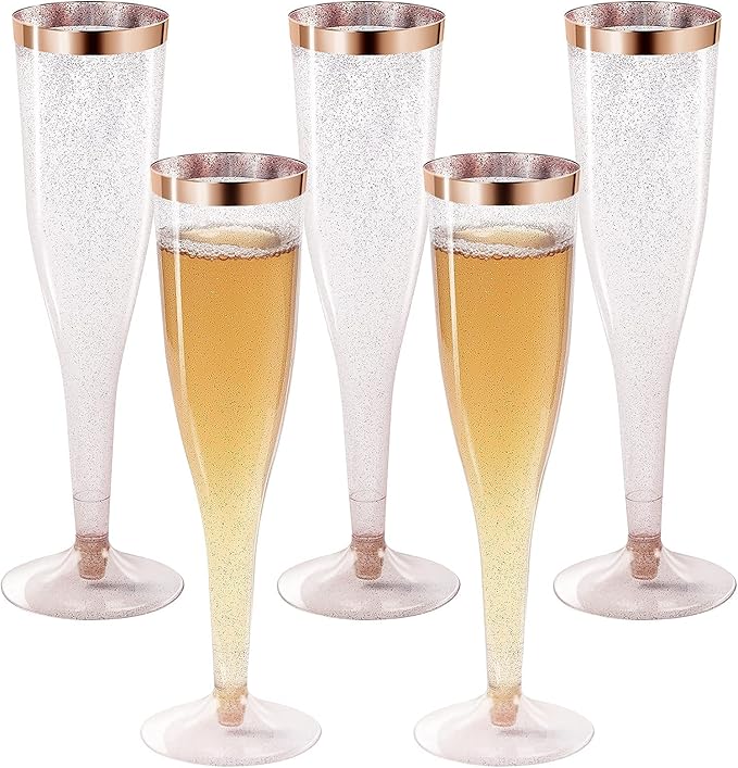 KASTWAVE Plastic Drink Flutes Disposable, Gold Rim Gold Glitter Plastic