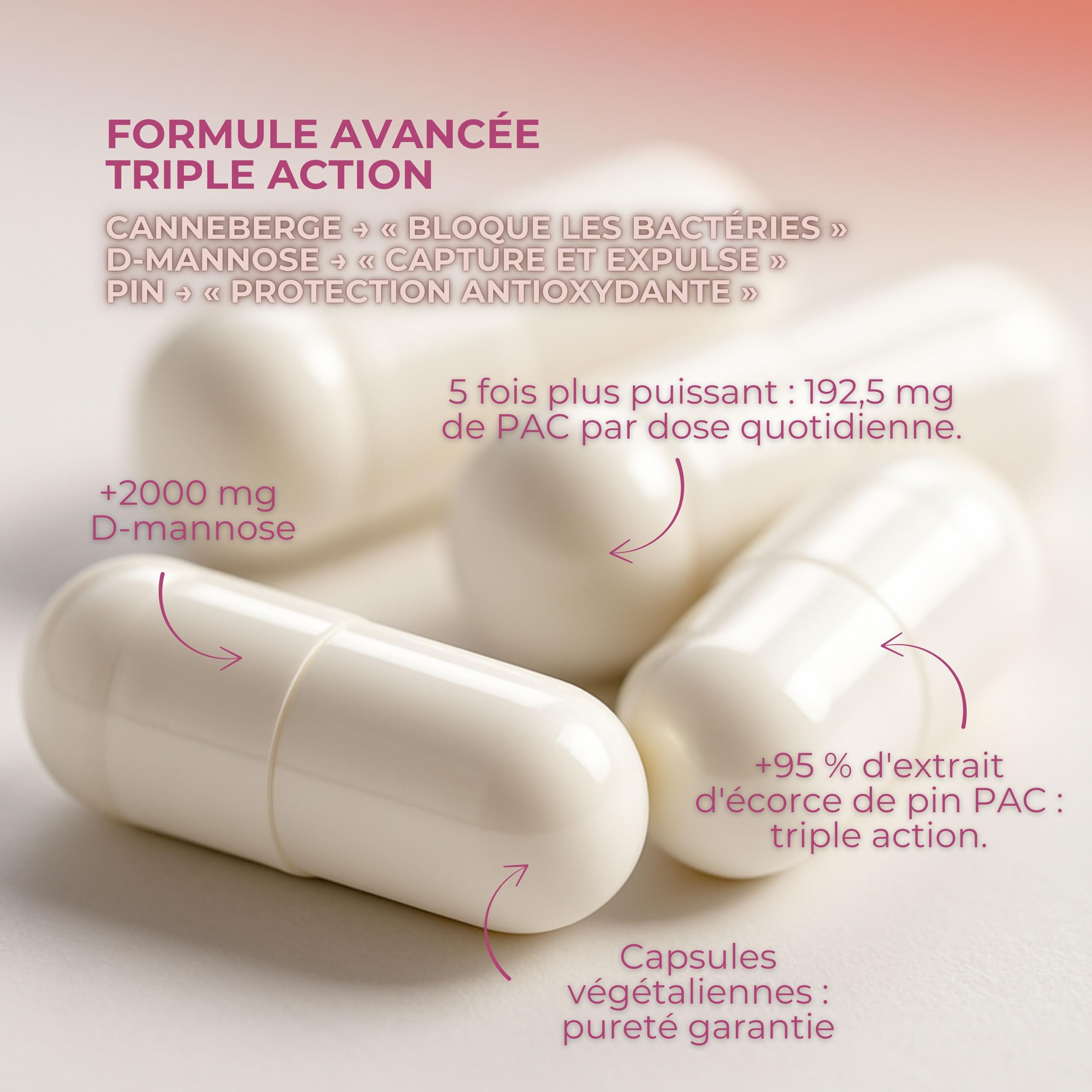 Cranberry gélules 5x Puissance + D-Mannose 2000mg – Cystomed Triple Action 120 Gélules avec 192,5mg PACs Standardisés + Extrait de Pin – Cranberry Gélules Scientifiquement Validées (EFSA/PubMed)
