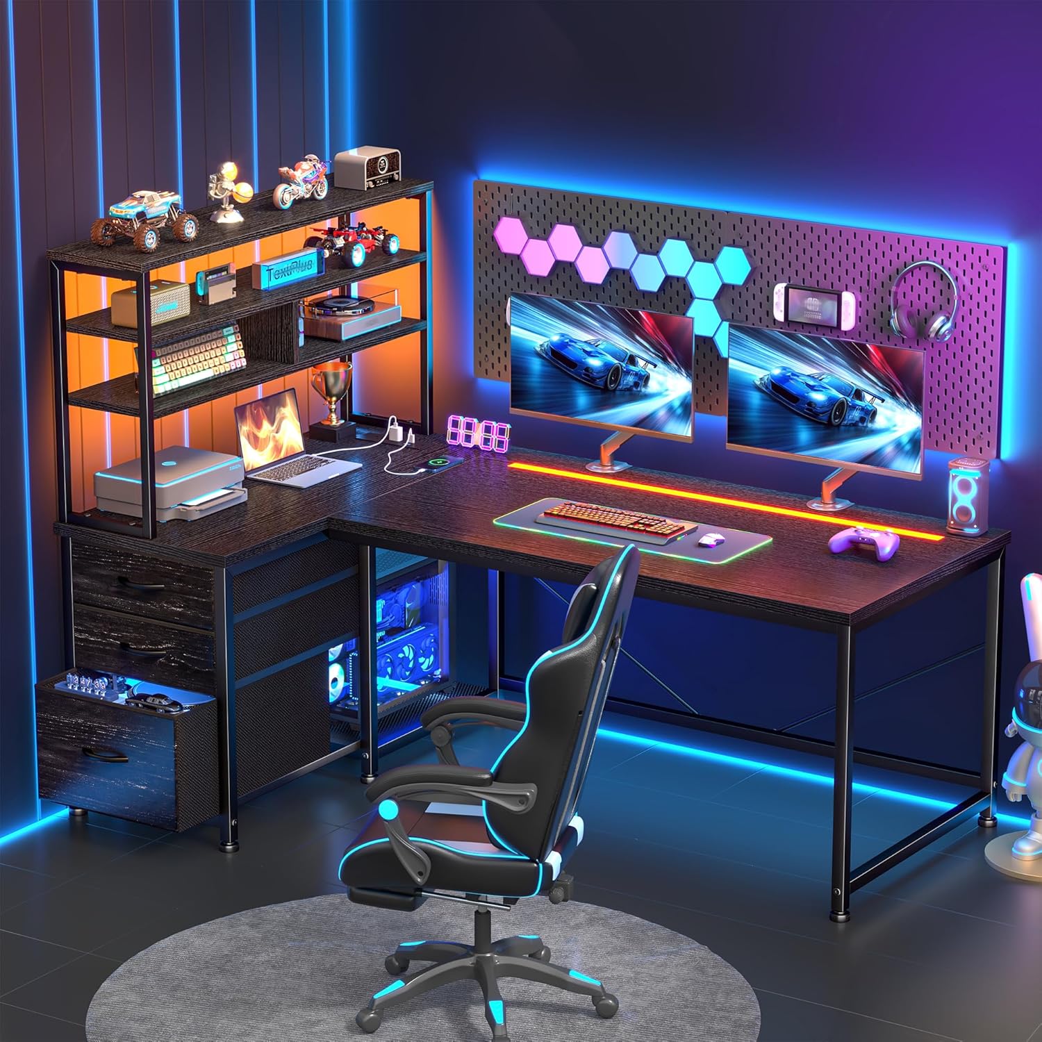 DurayLoly 55''Gaming Desk L Shaped Desk with 3 Fabric Drawers & Shelf, Reversible Computer Desk with Remote LED Lights, Power Outlet of Home Office Desk for Bedroom,Dorm,Black