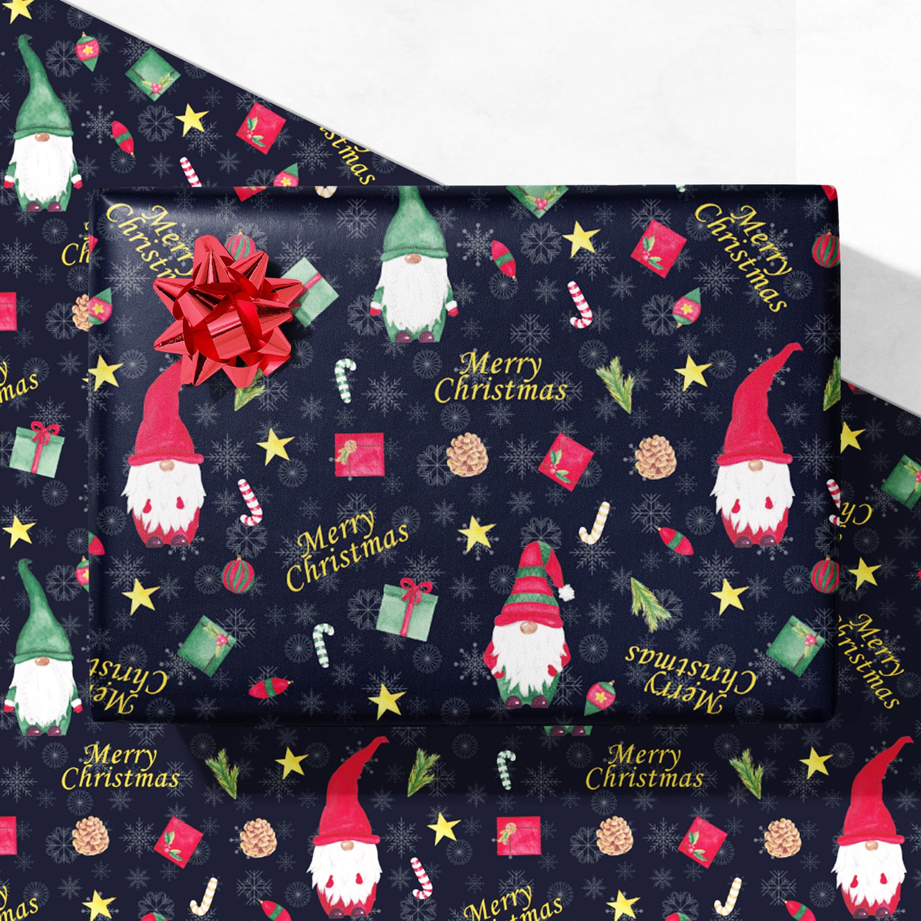 GIOLNIAY Gnome Christmas Wrapping Paper for Men Women Kids - Navy Blue Xmas Gift Wrap with Gnome & Merry Christmas Text - 4 Jumbo Sheets, 28″×40″ Each, Easy to Store