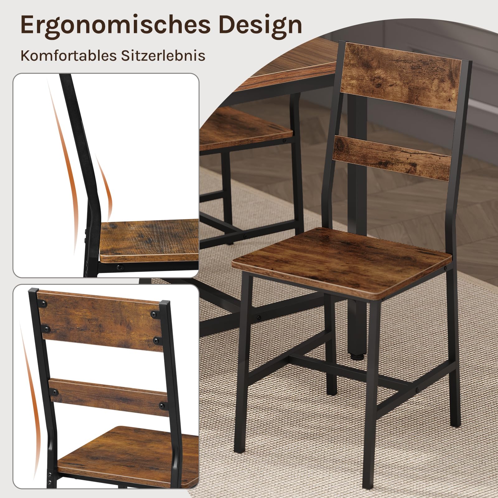Esszimmerstühle 2er Set, Küchenstühle, Wohnzimmerstühle, mit Metallrahmen, ergonomischer Stuhl,für Küche Wohnzimmer Balkon, Industriestil, Rustikales Braun, K0027EZS-2