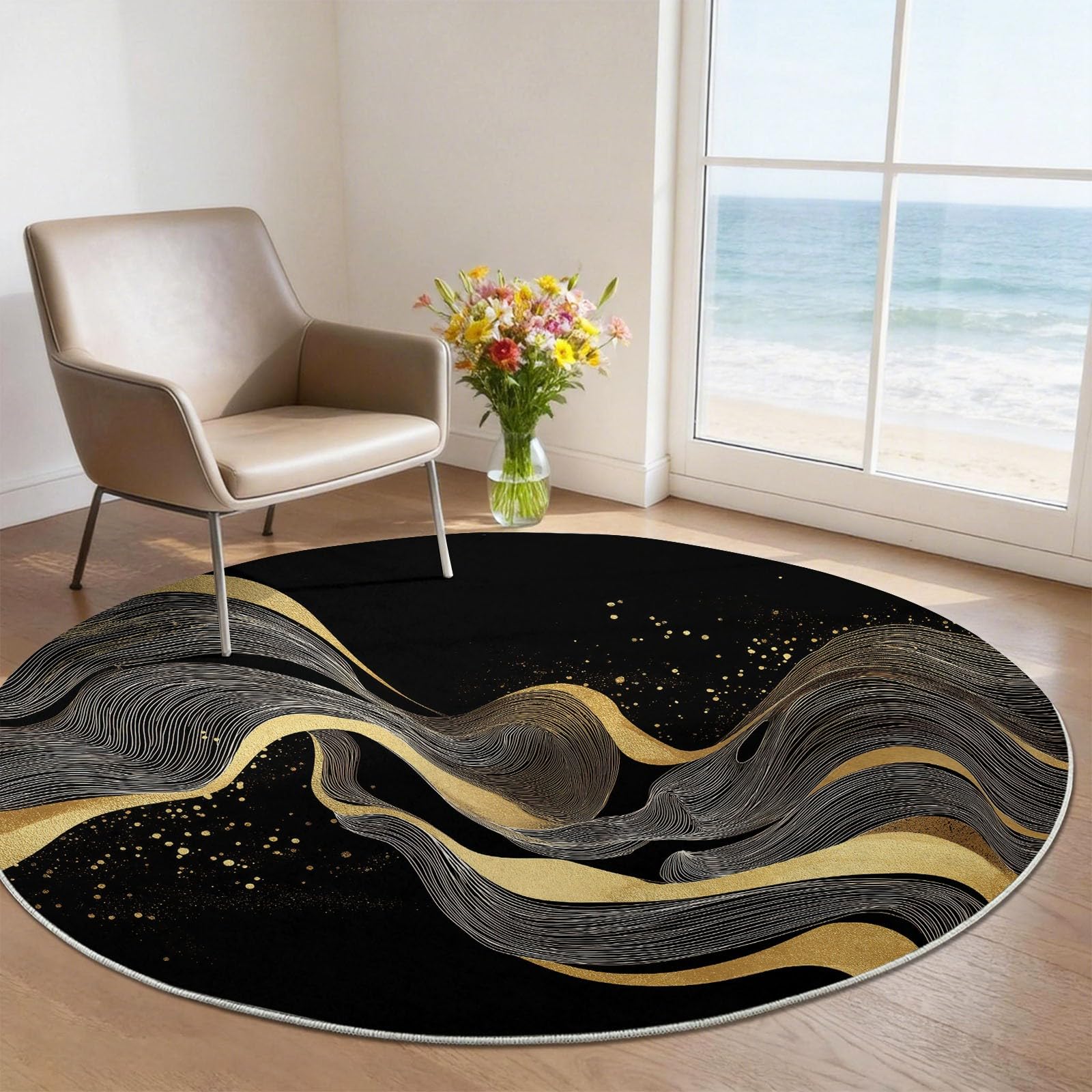 Nero 160 cm (Round) Tappeto Rotondo Salotto Stile giapponese increspature fantasia, Lavabile e Antiscivolo, Morbido Tappeto per Camera da Letto e Soggiorno, per la Protezione del Pavimento