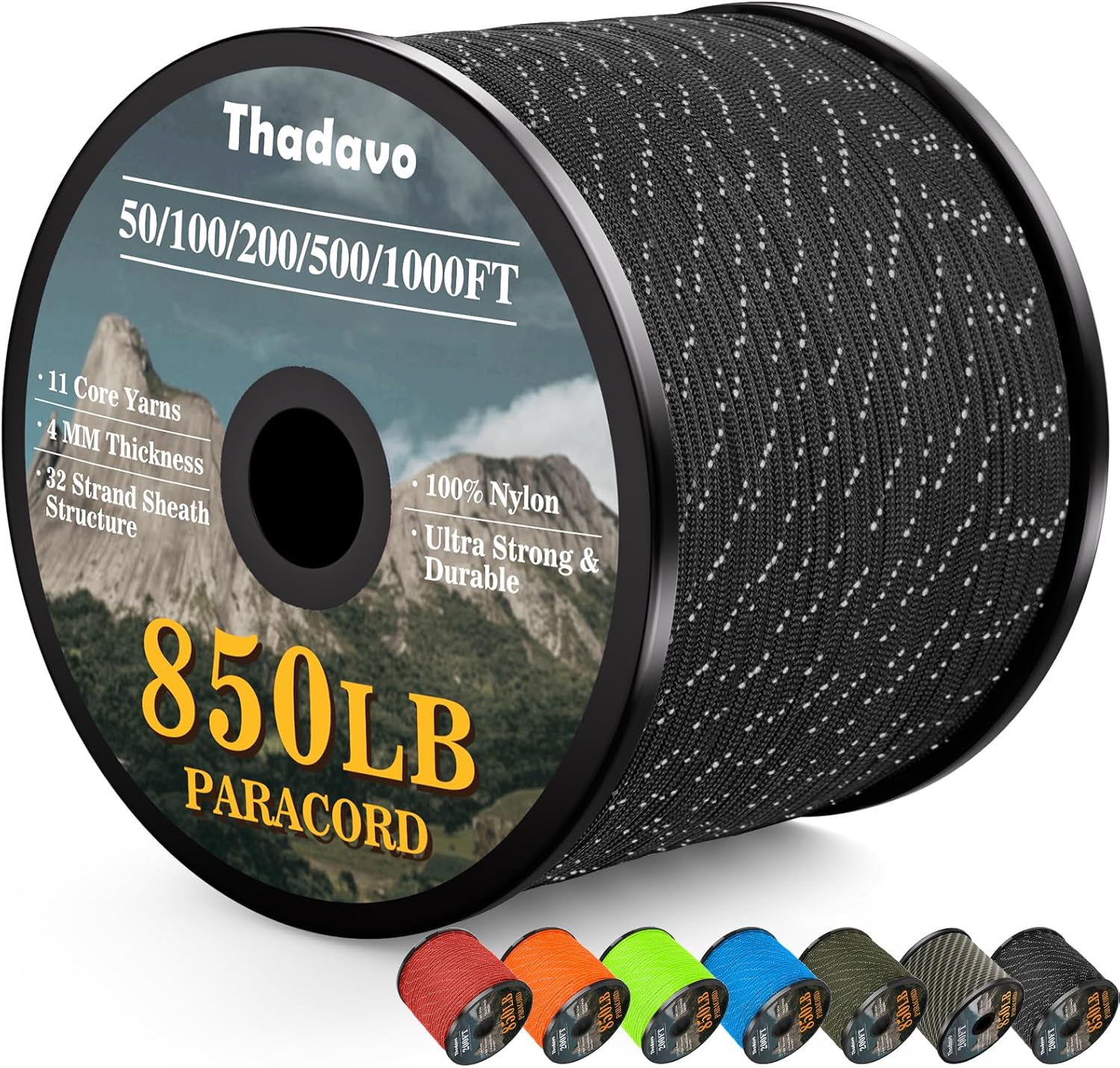 Reflective Paracord Rope 850Ib, 50/100/200/500/1000ft 4MM 11 Strand para Cords Lanyard Utility Parachute Cord for Tent Camping Hiking Survival Tactical Clothesline DIY Projects, Black 100FT Reflective Paracord Rope 850Ib, 50/100/200/500/1000ft 4MM 11 Strand para Cords Lanyard Utility Parachute Cord for Tent Camping Hiking Survival Tactical Clothesline DIY Projects, Black 100FT