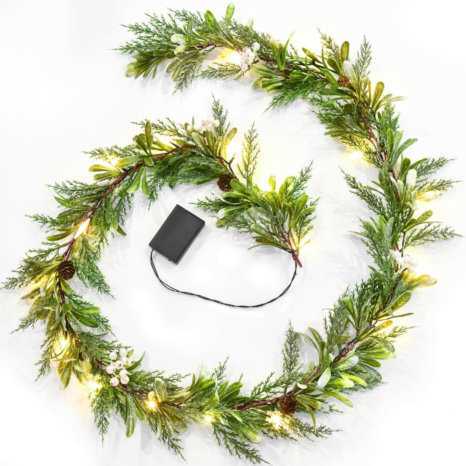 YoleShy 6FT Prelit Christmas Garland for Decoration Christmas Olive Pine Garland with White Berries and Pine Cones Battery Operated Prelit Garlands Xmas Decorations for Mantle Fireplace Home Decor