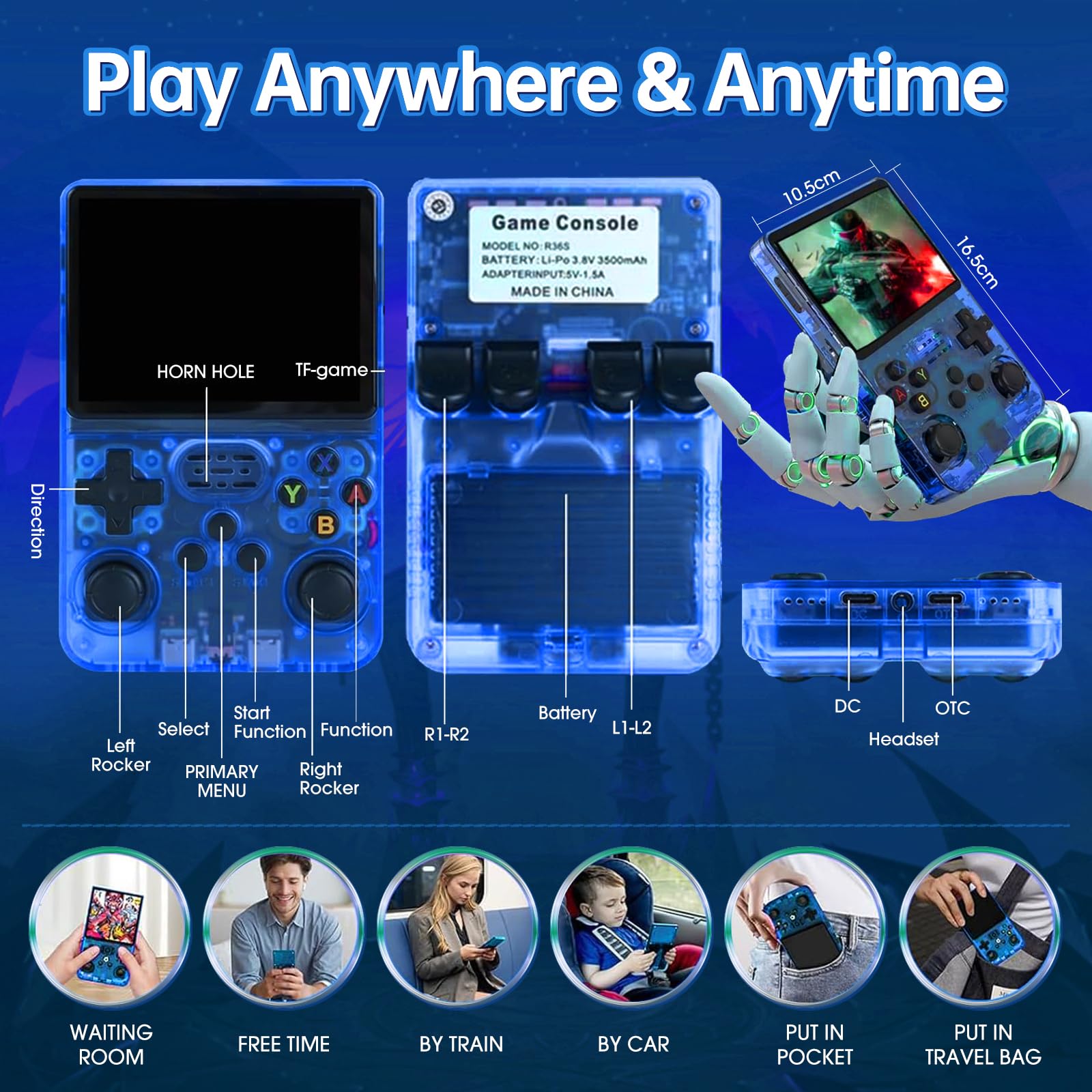 Febotak R36S - Console da gioco retrò portatile con schermo IPS da 3,5", 128 GB di memoria, oltre 40.000 giochi, basato su LINXU Open Source ARKOS, batteria da 3500 mAh (Blu scuro)