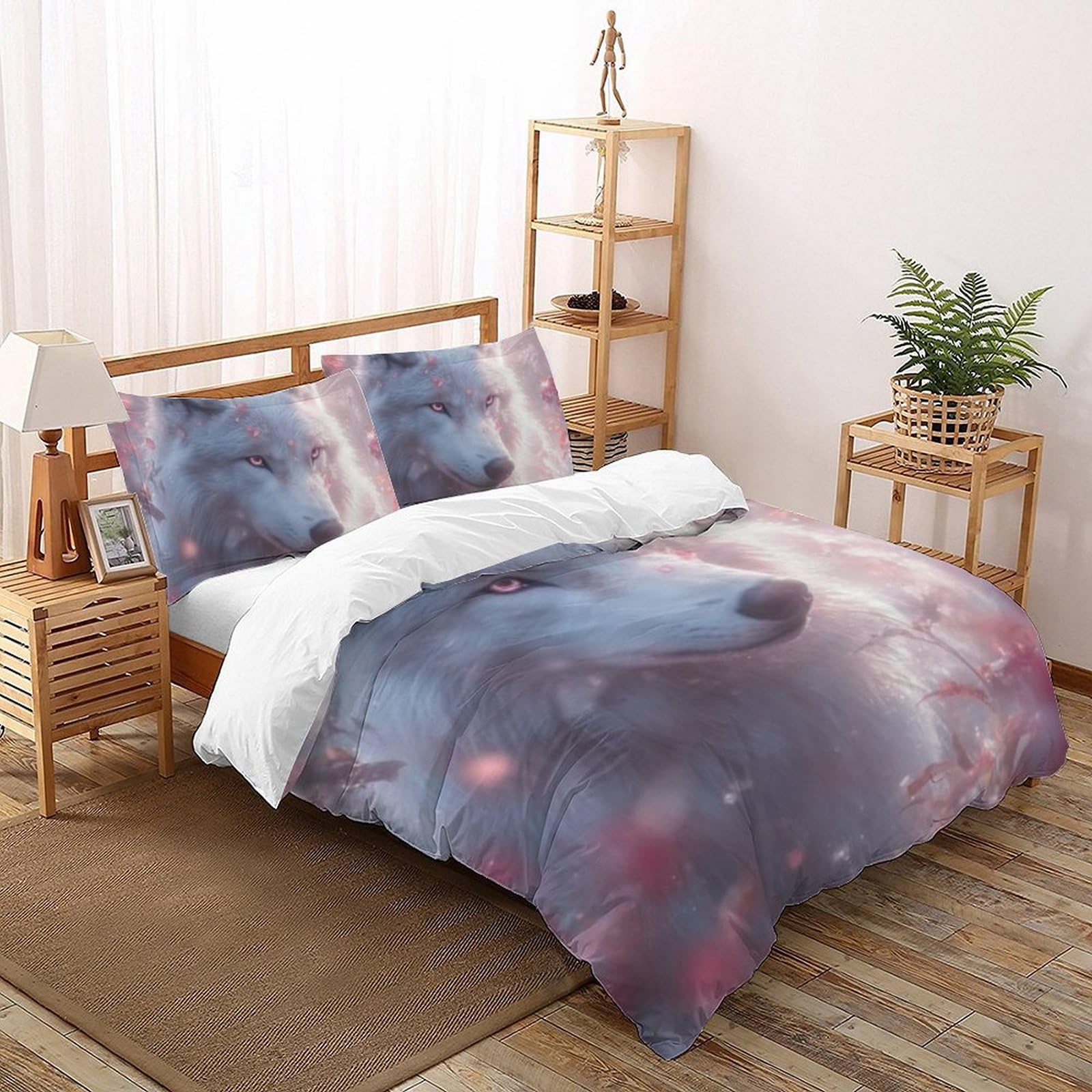 Housse de couette loup 200x200cm anti-froissement en microfibre douce avec taies