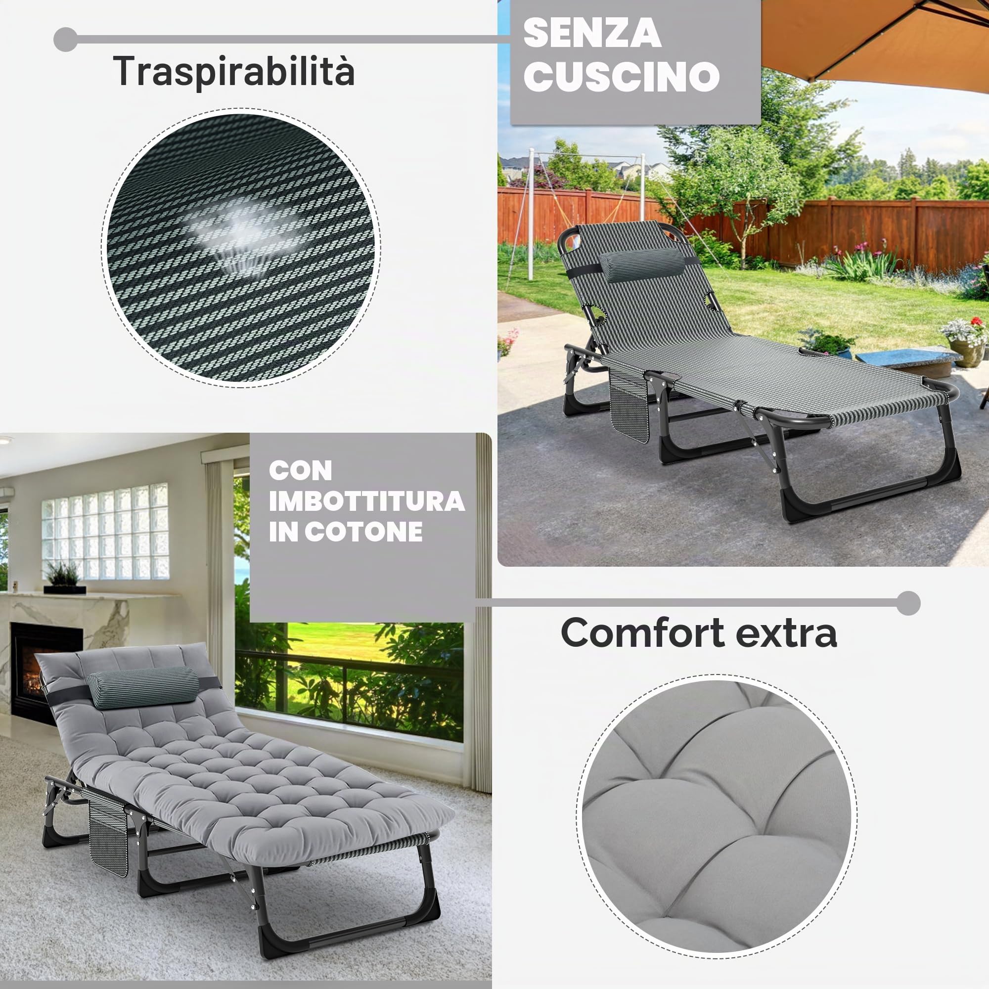 MOPHOTO Lettino prendisole pieghevole per giardino con materasso, schienale e gambe regolabili, portatile, per interni ed esterni, sedia a sdraio pieghevole per abbronzatura al sole, perfetta per