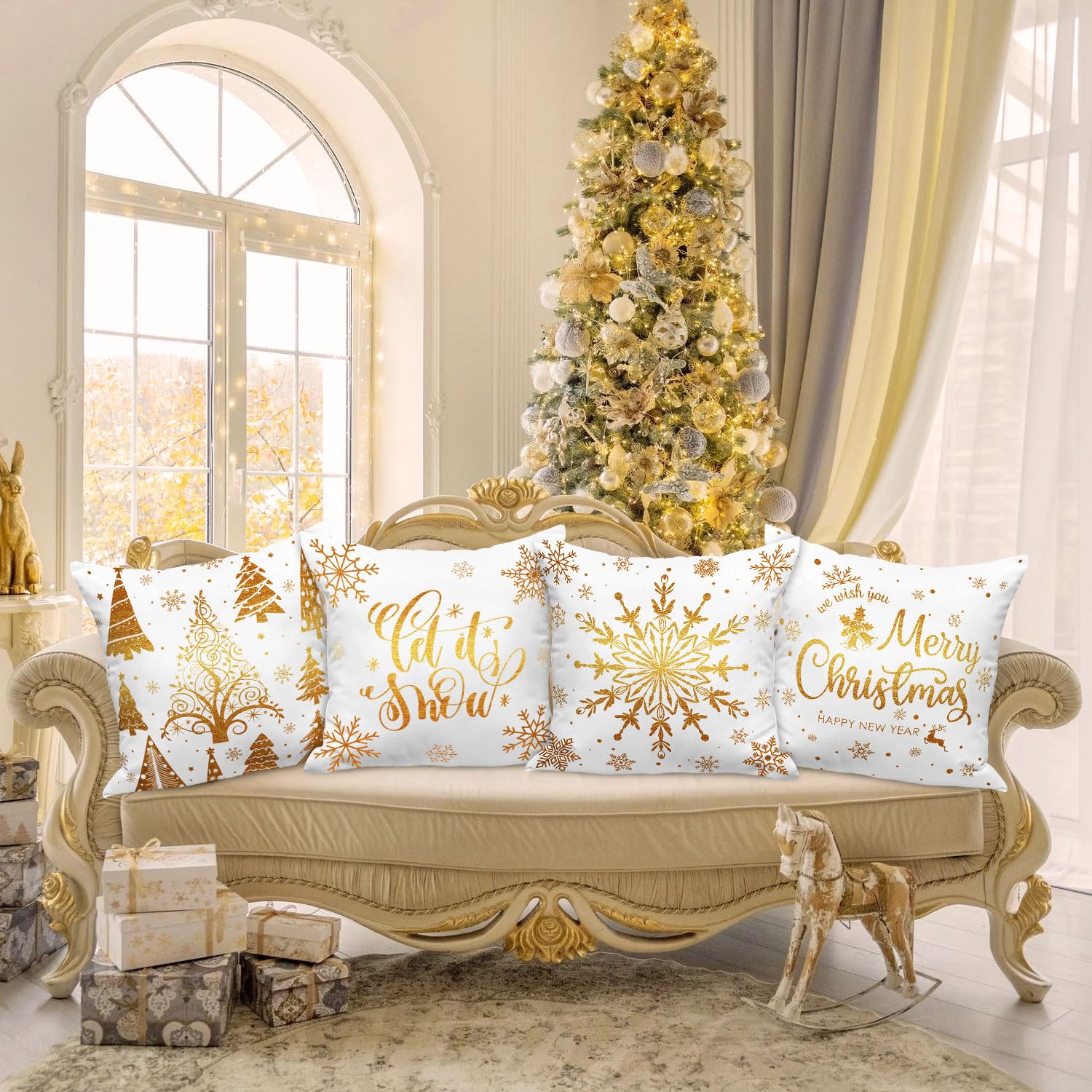 Lanpn White and Gold Christmas Cushion Covers 45x45 Set of 4 - Image 4